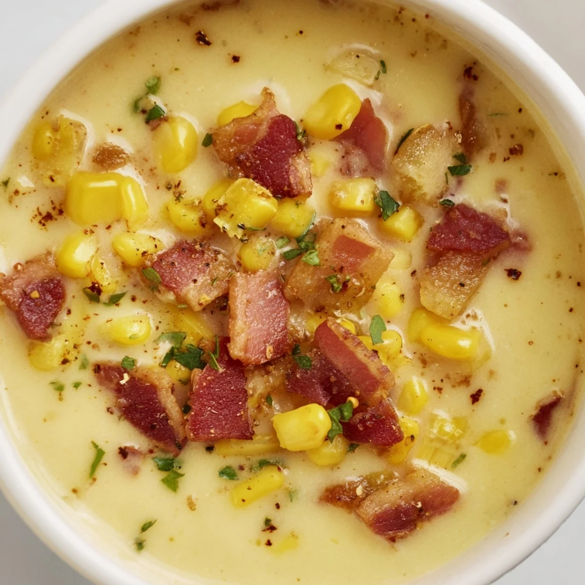 Close-up view of Hot Yoghurt Soup with Corn, Bacon, and Coriander revealing golden corn kernels and green cilantro garnish.