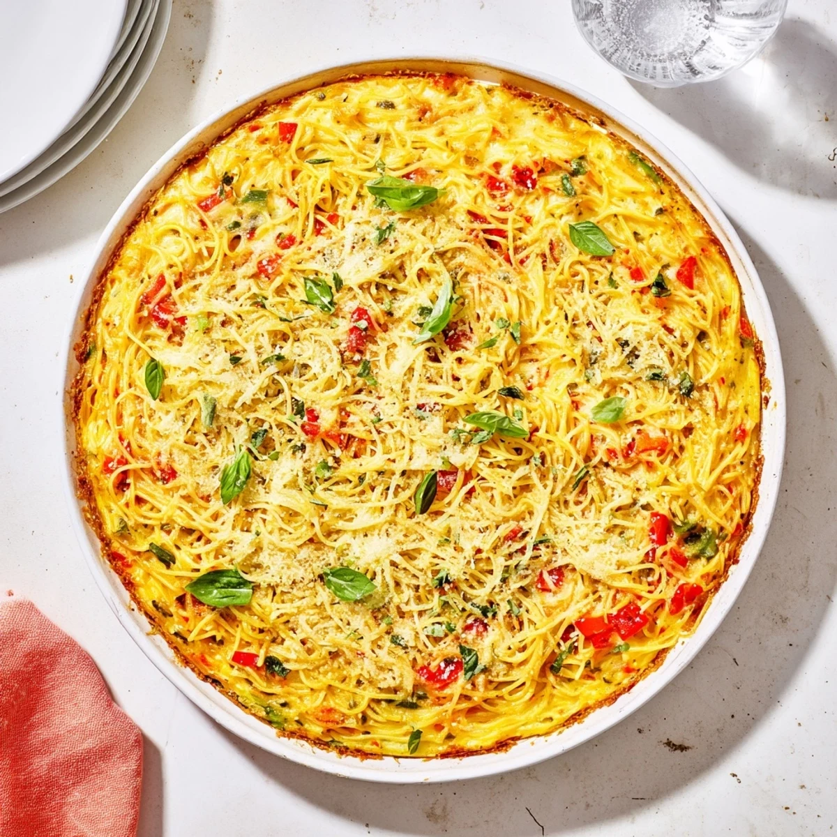 Freshly baked Impossible Pasta Pie rests in a white pie dish, golden-brown top with herbs, ready for a family dinner.