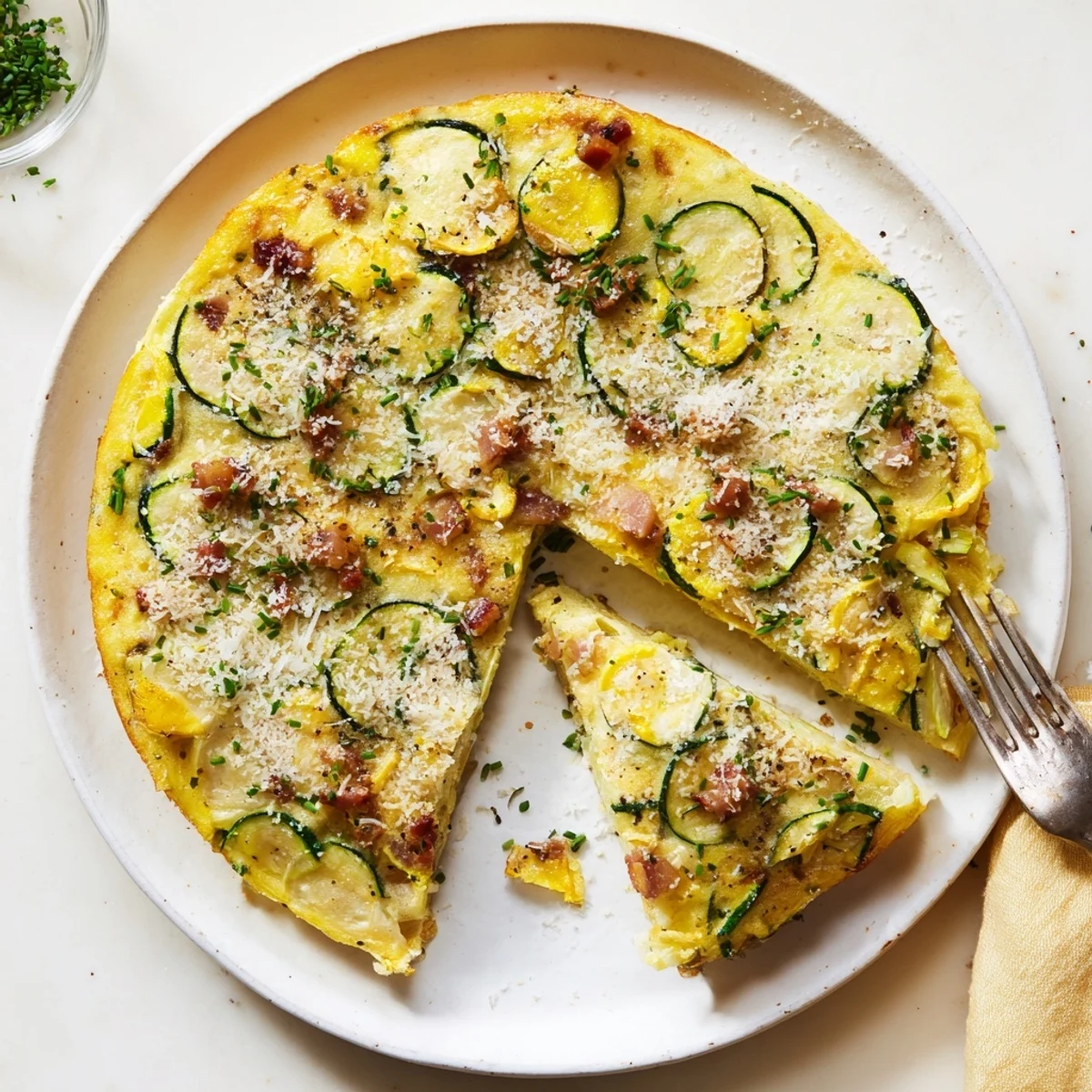 Slice of savory Zucchini Herb and Pancetta Frittata with melted cheese and crispy pancetta bits.