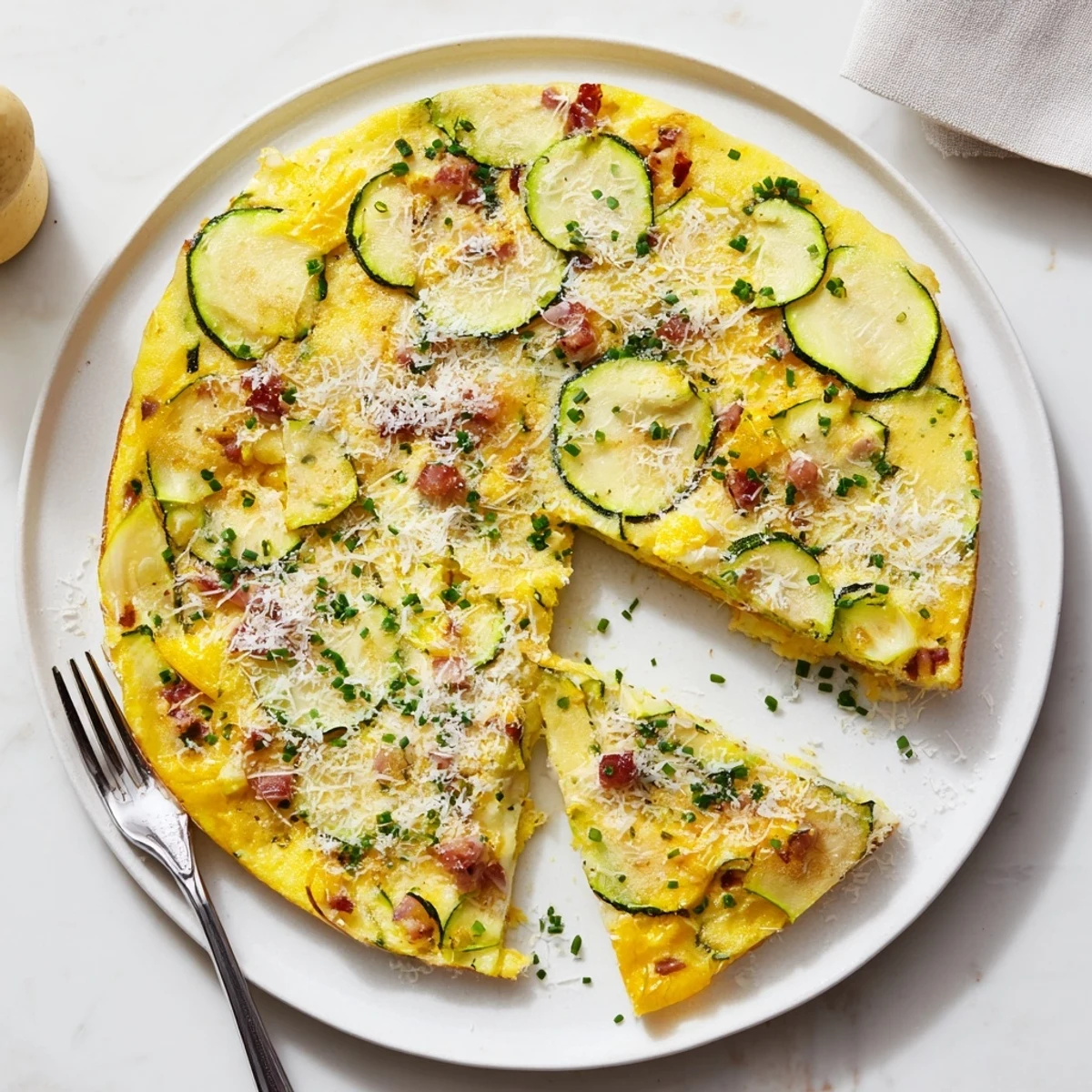 Freshly baked Zucchini Herb and Pancetta Frittata served warm from an oven-safe skillet.