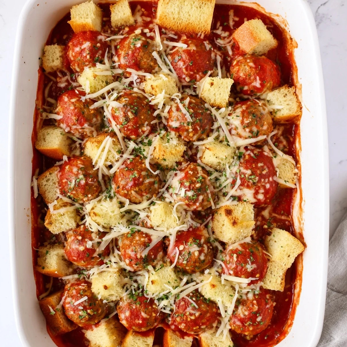 A close-up of the Turkey Meatball and Garlic Bread Bake, showing golden cubes of garlic bread and melted mozzarella on top of savory turkey meatballs and rich tomato sauce.
