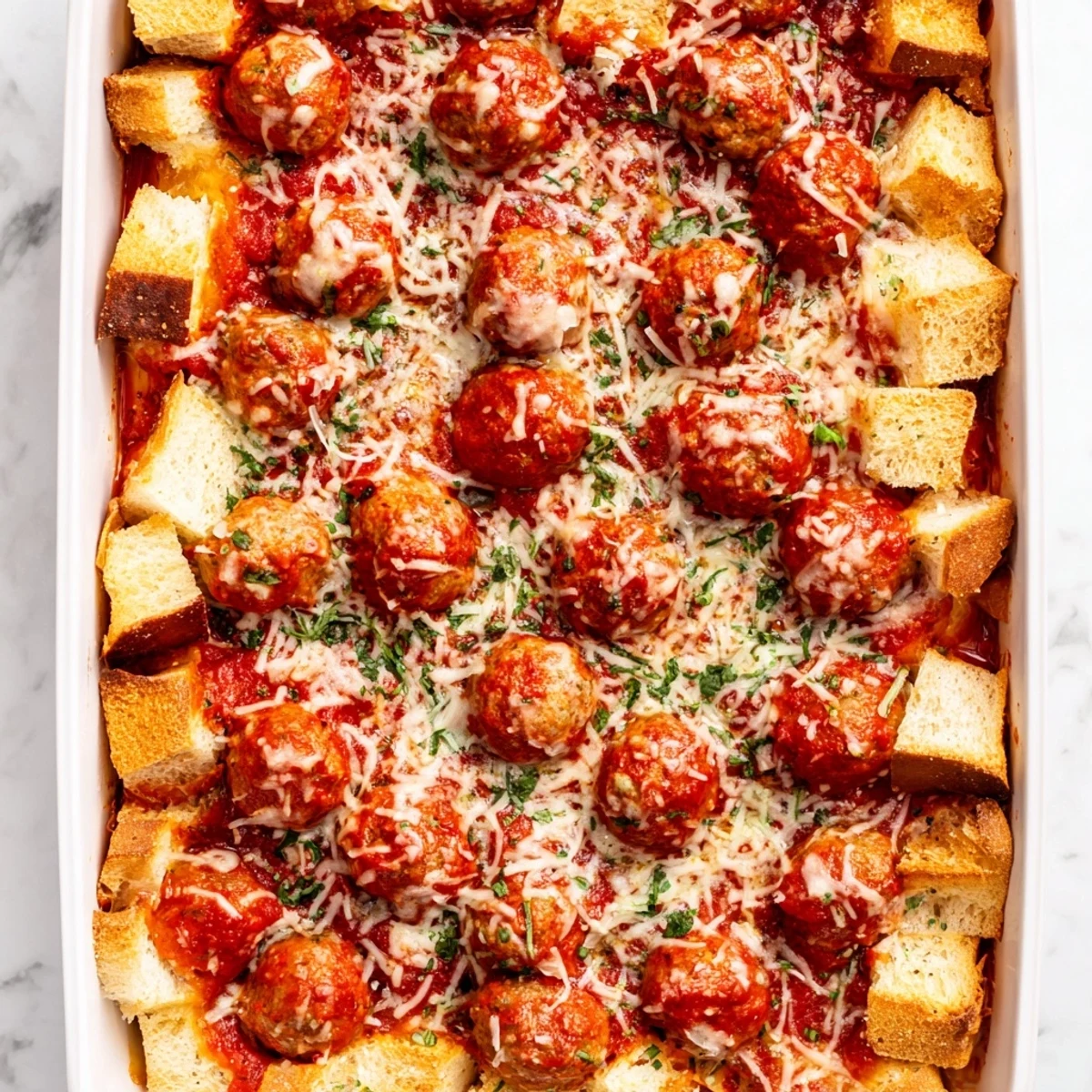 In a 9x13-inch baking dish, the Turkey Meatball and Garlic Bread Bake emerges from the oven with bubbling cheese and crispy, buttery bread topping over the hearty casserole.