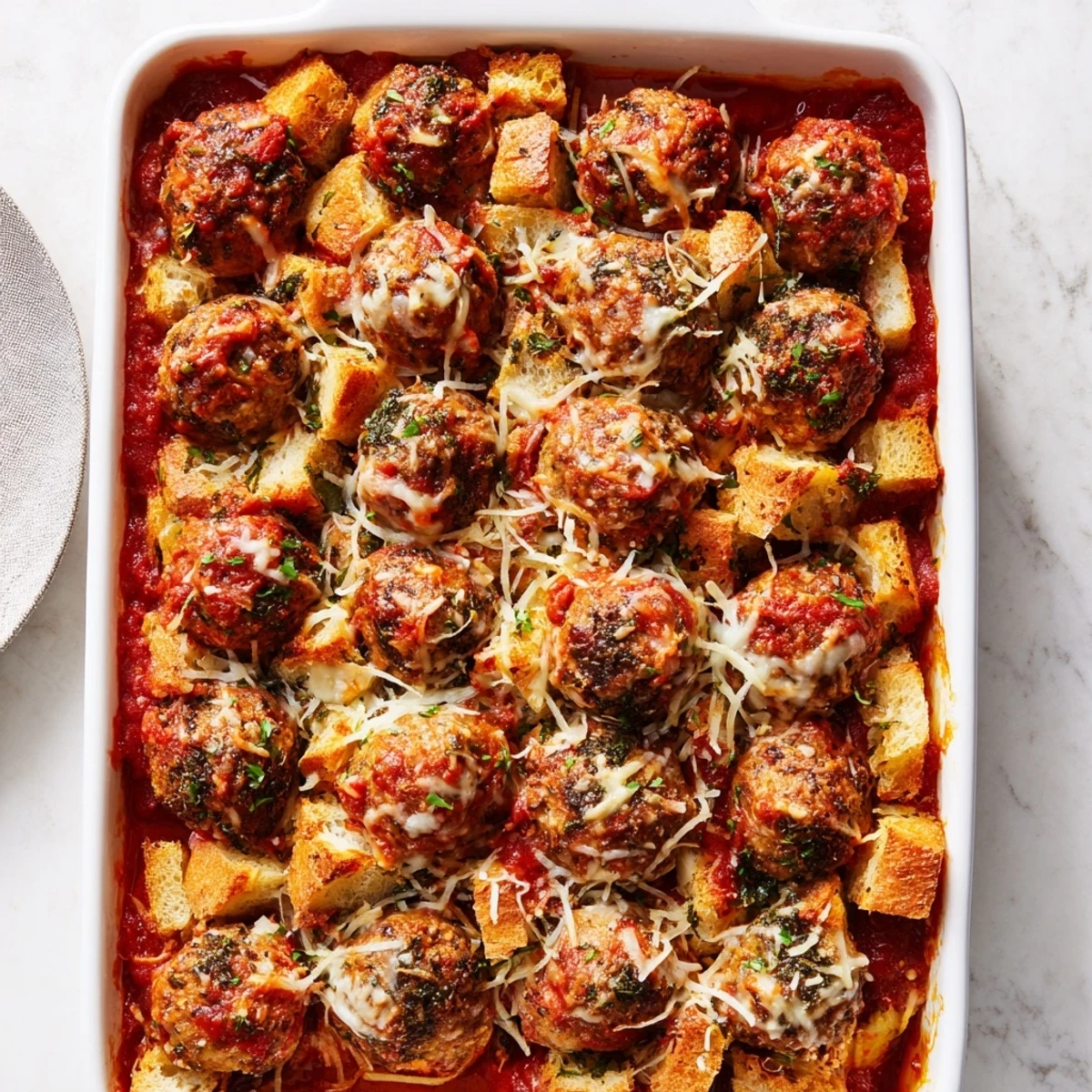 Serve a comforting slice of the Turkey Meatball and Garlic Bread Bake with a side salad, revealing tender turkey meatballs submerged in marinara sauce beneath a crunchy garlic bread crust.