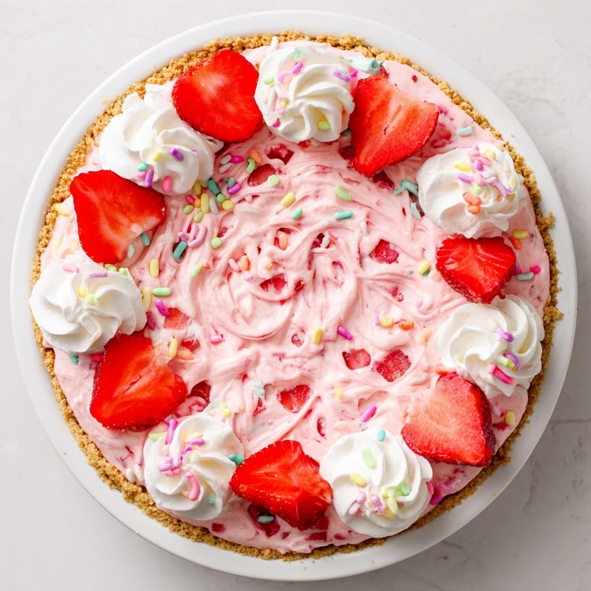 This chilled Easter No Bake Jello Pie features a luscious strawberry layer and fluffy cream on a crunchy crust.
