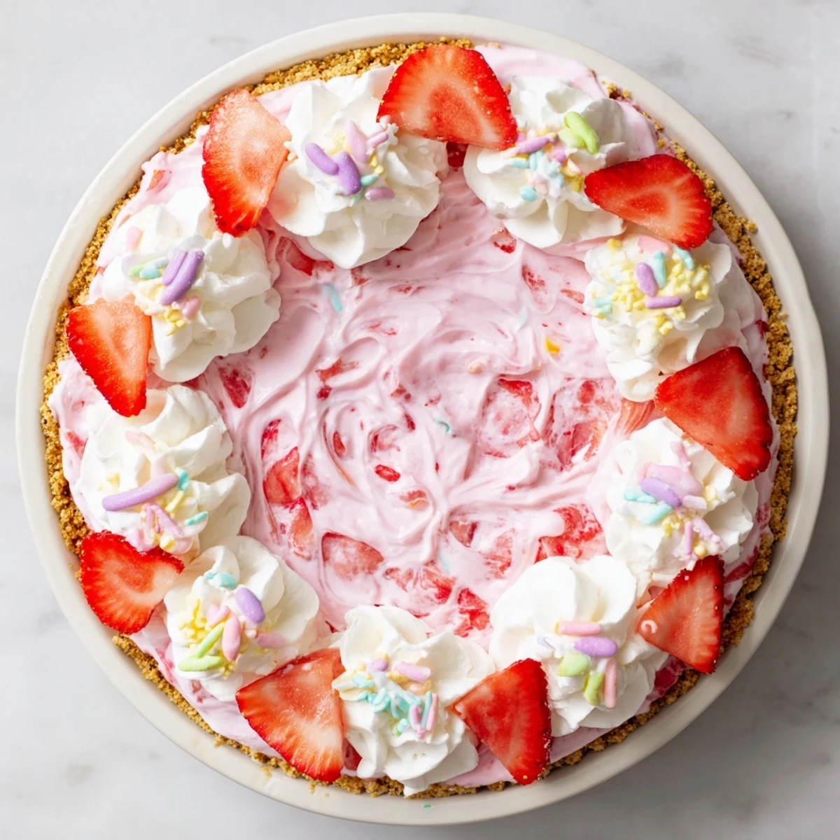 Festive Easter No Bake Jello Pie with creamy strawberry filling and graham cracker crust garnished with sliced berries.