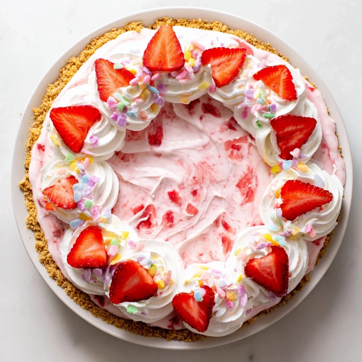 A slice of Easter No Bake Jello Pie served on a pastel plate with whipped cream and fresh strawberry topping.