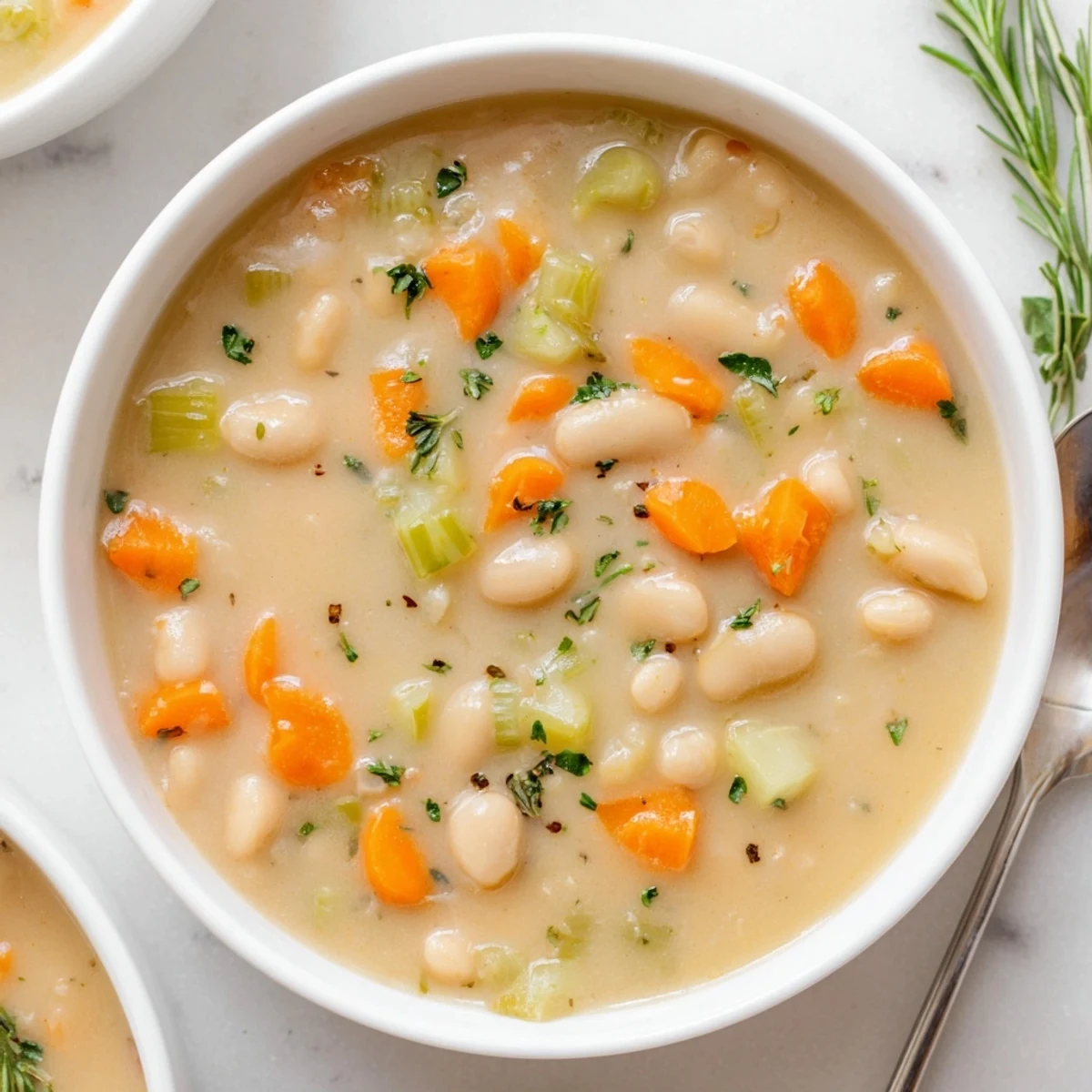 Creamy Cozy Rosemary Garlic White Bean Soup in a rustic bowl with parsley garnish and crusty bread