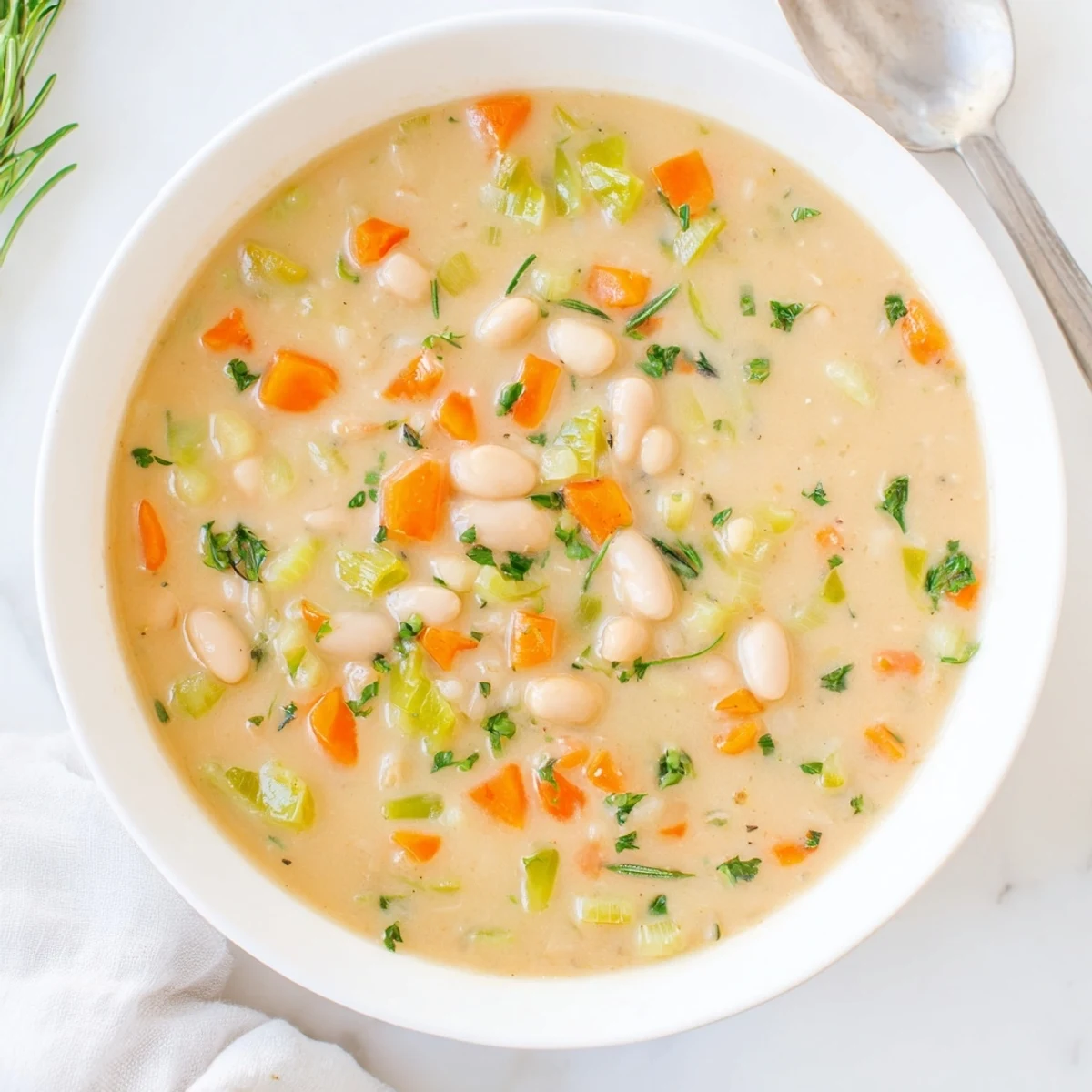 Hearty Cozy Rosemary Garlic White Bean Soup simmering in a pot with carrots, celery, and garlic