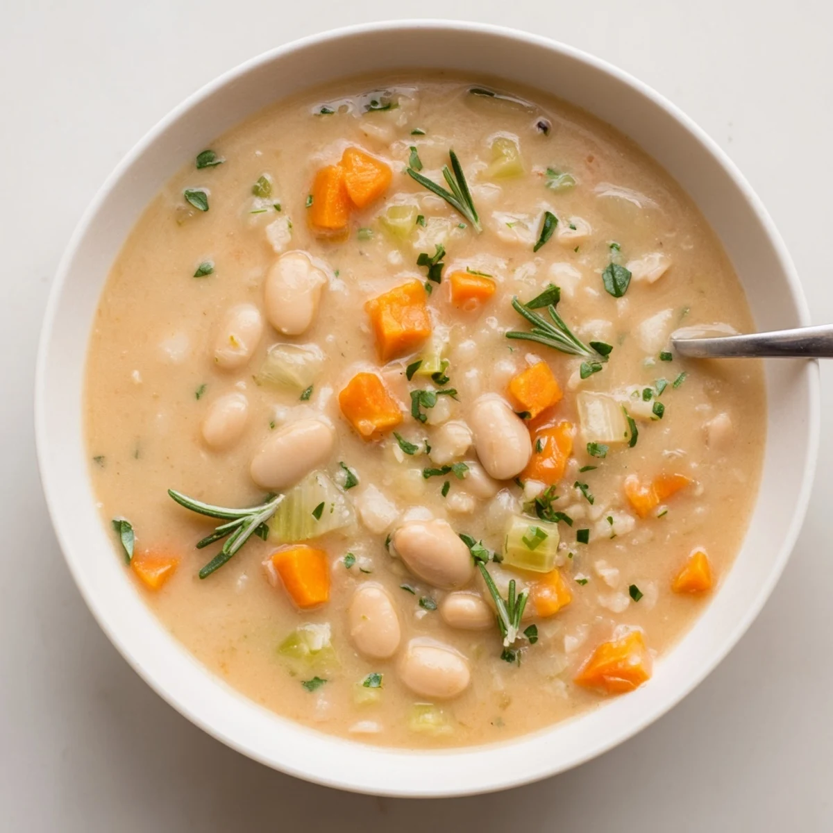 Warm Cozy Rosemary Garlic White Bean Soup served in a cozy kitchen with steam rising invitingly