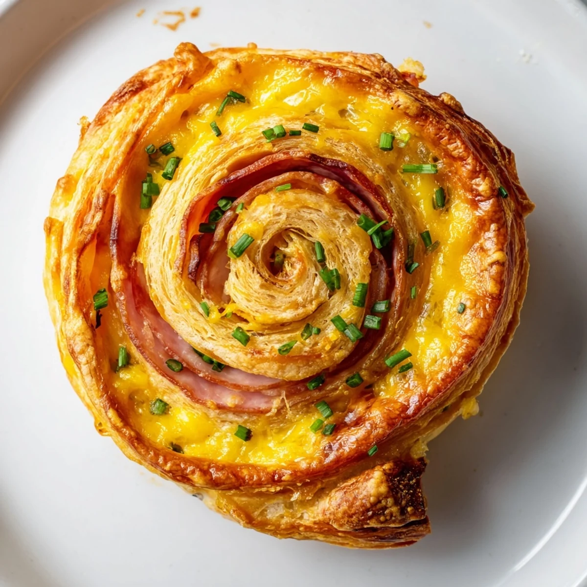 Golden-brown Easter Ham Cheddar Pinwheels on a white plate, showcasing flaky pastry layers and melted sharp cheddar for a festive spring appetizer.