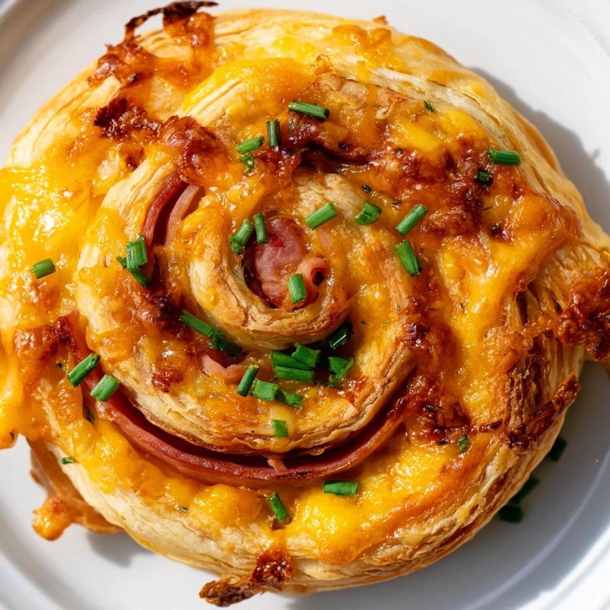 Freshly baked Easter Ham Cheddar Pinwheels arranged on a wooden board with fresh chives and a side of tangy Dijon mustard dip.