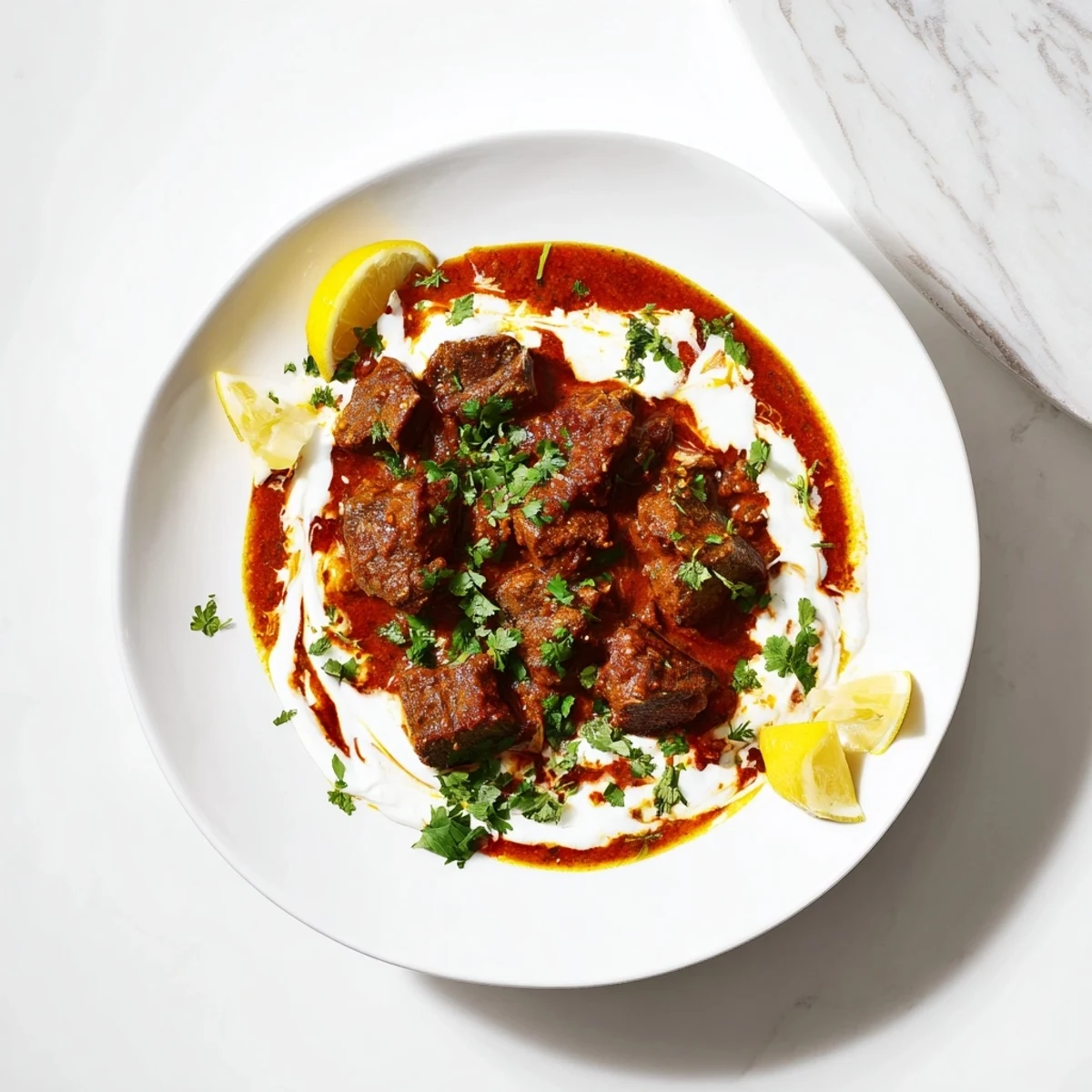 Steaming Indian Beef Curry with Tomato Gravy served over fluffy basmati rice, garnished with fresh cilantro.