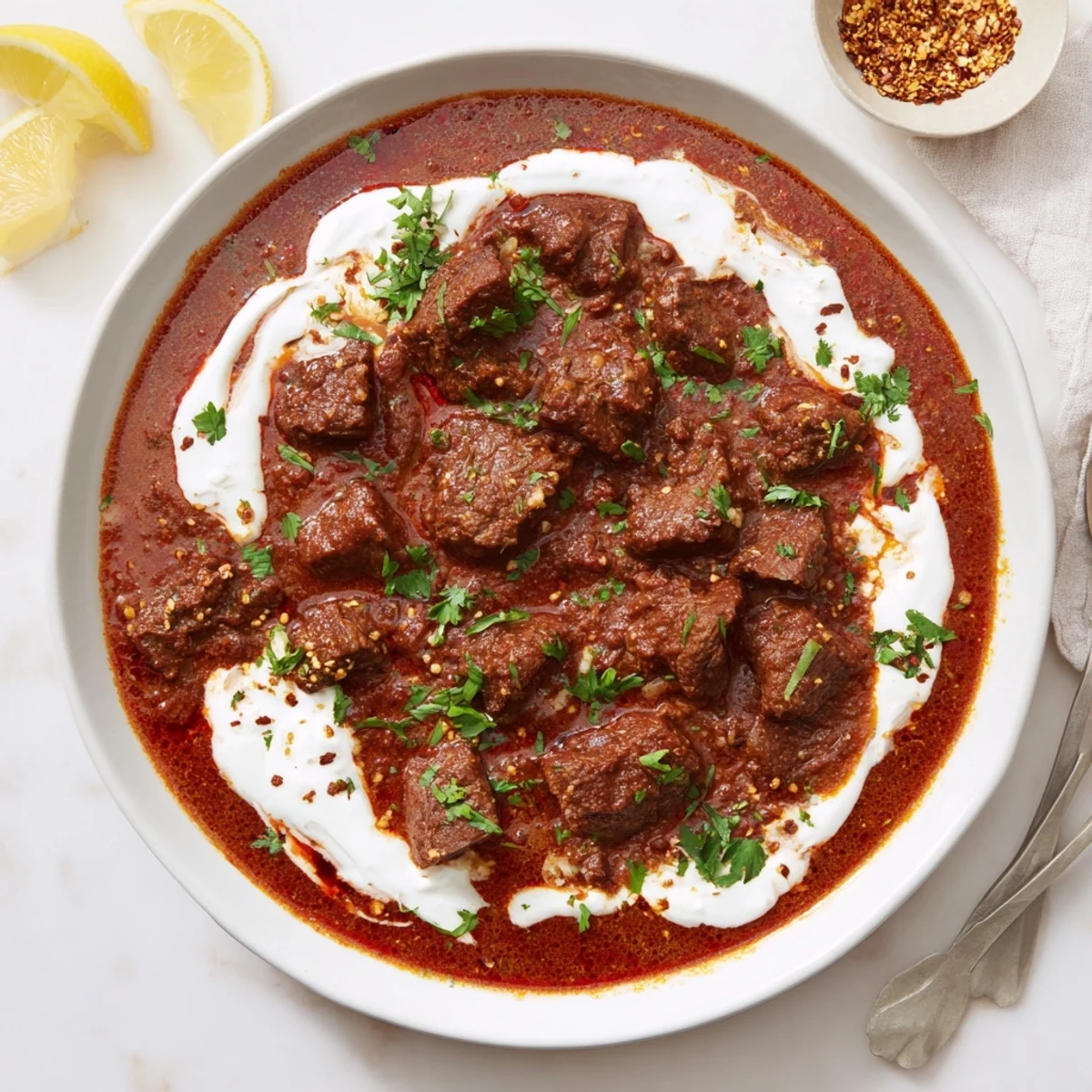 Spiced Indian Beef Curry with Tomato Gravy simmering in a pot, featuring tender beef cubes and aromatic spices.
