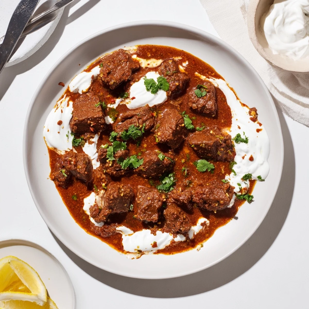 Savory Indian Beef Curry with Tomato Gravy in a rustic bowl, topped with lemon wedges and ready to serve.