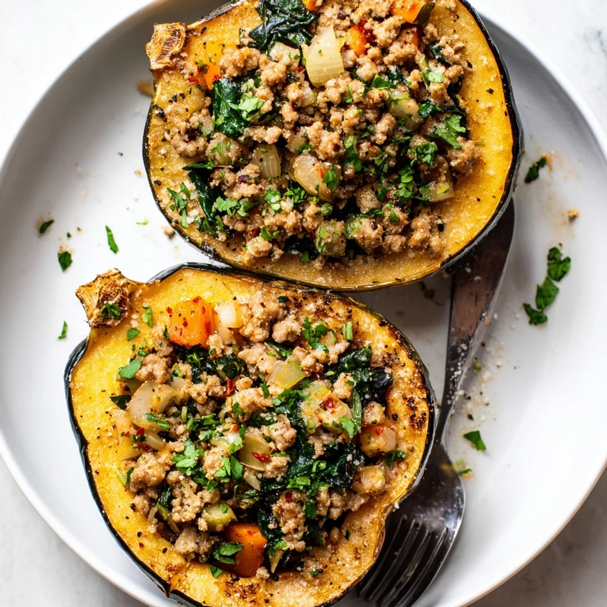 Roasted acorn squash halves filled with savory turkey stuffing, garnished with parsley for a comforting autumn meal.