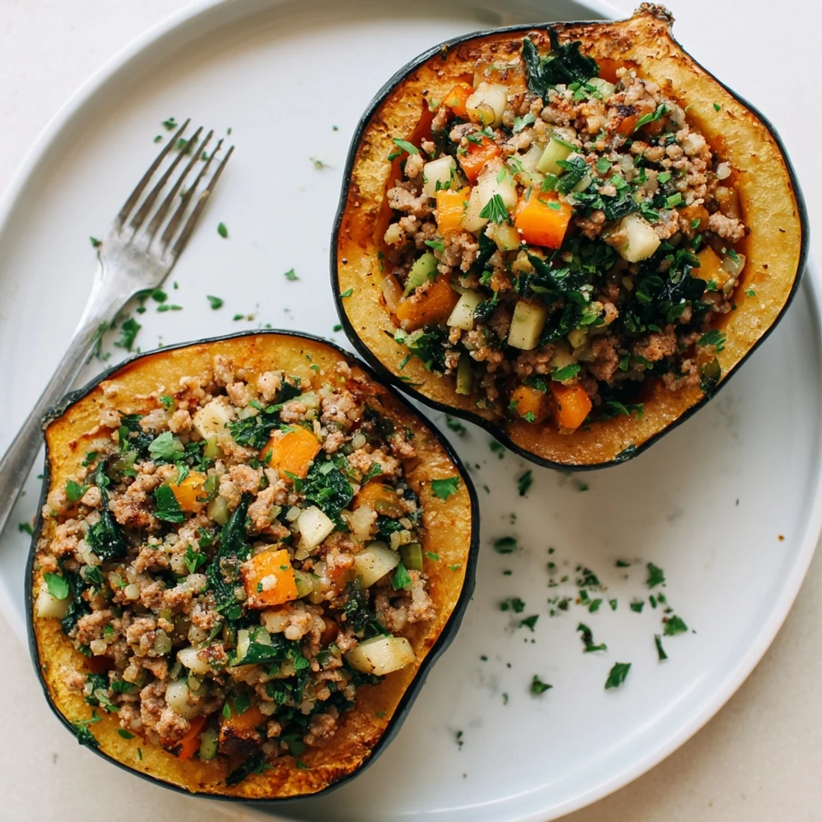 Colorful turkey and vegetable filling inside Turkey Stuffed Acorn Squash, with a steamy, aromatic presentation for fall.