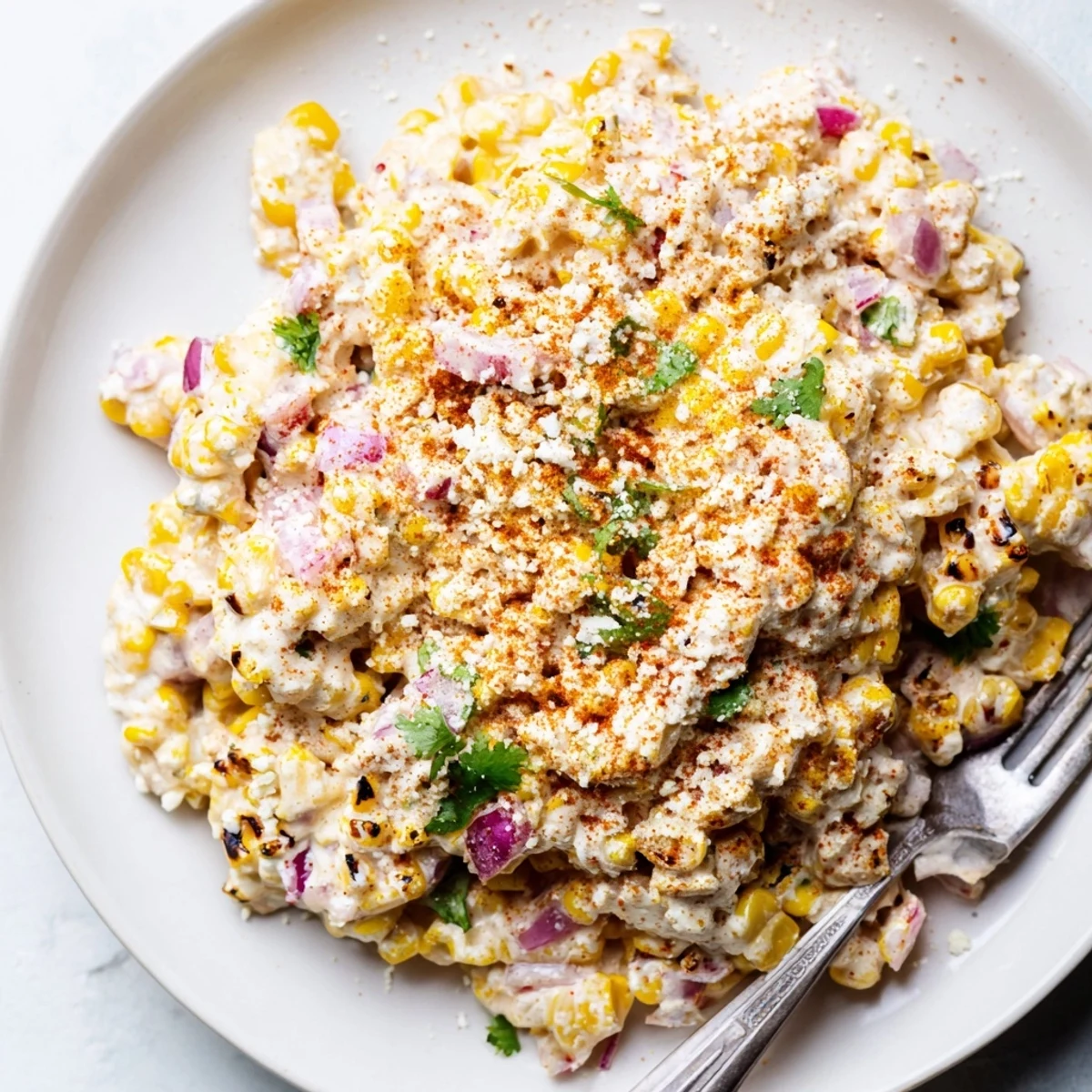 Homemade Mexican Street Corn Pasta Salad topped with cilantro and chili powder, ready for a backyard barbecue or potluck.