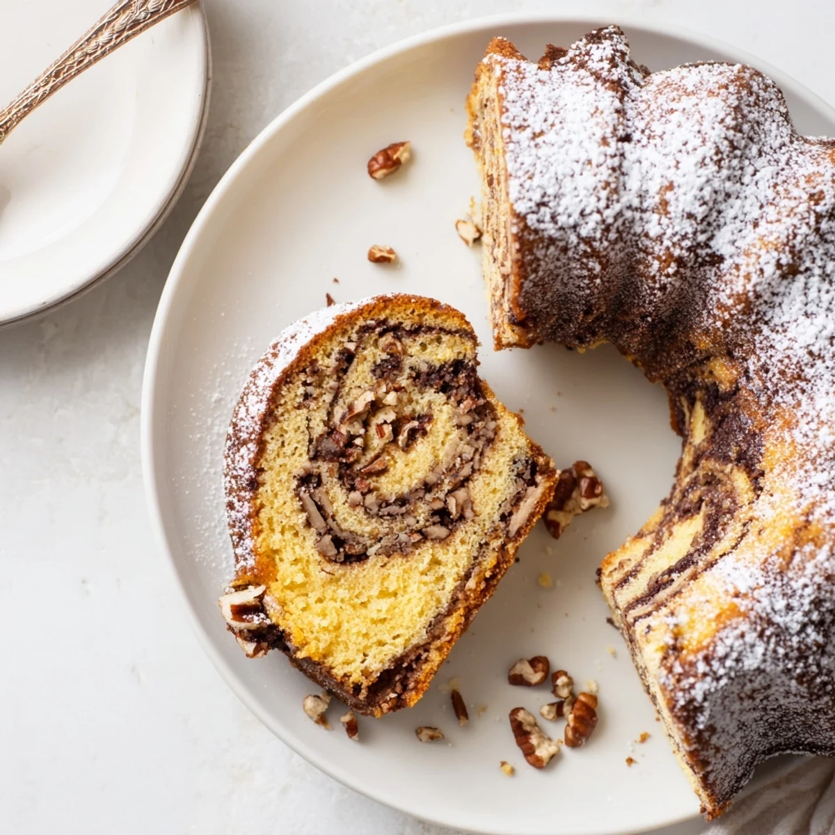 Golden-brown Easy Breakfast Bundt Coffee Cake sits sliced on a wooden board with coffee beside it.