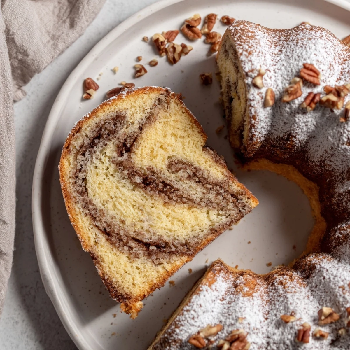Warm Easy Breakfast Bundt Coffee Cake is served on a white plate with morning coffee nearby.