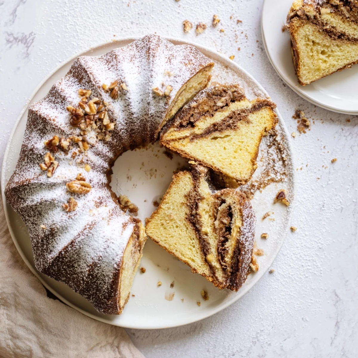 Freshly baked Easy Breakfast Bundt Coffee Cake features a cinnamon swirl and powdered sugar dusting.