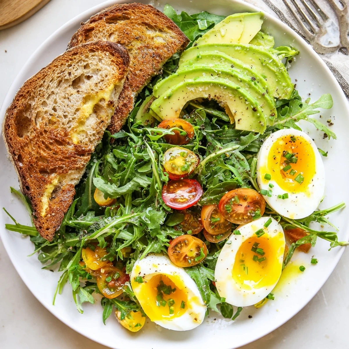 Golden soft-boiled eggs on toasted sourdough with vibrant greens and avocado for a savory breakfast plate.