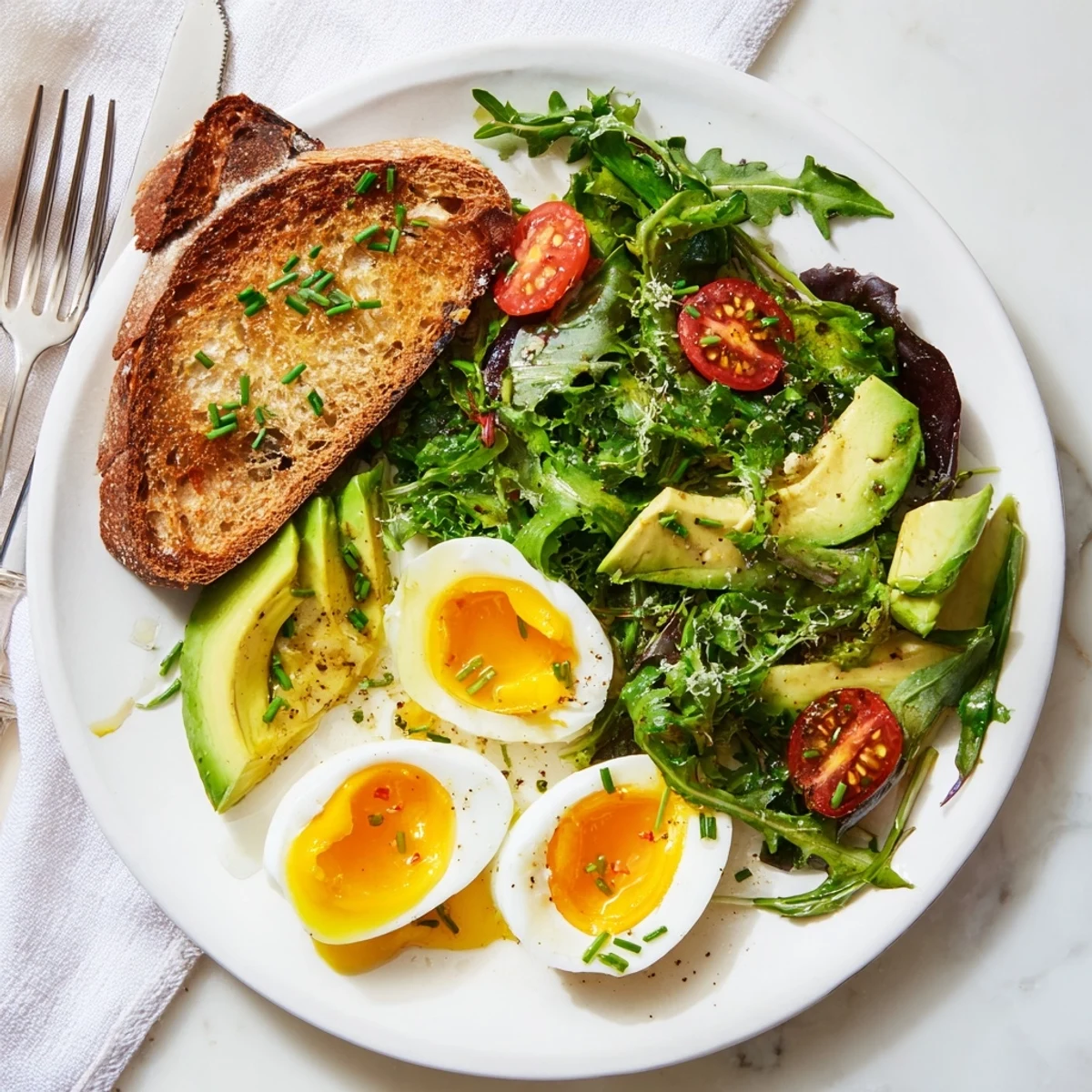A close-up of halved soft-boiled eggs atop crisp toast and mixed greens, ideal for a nourishing morning.