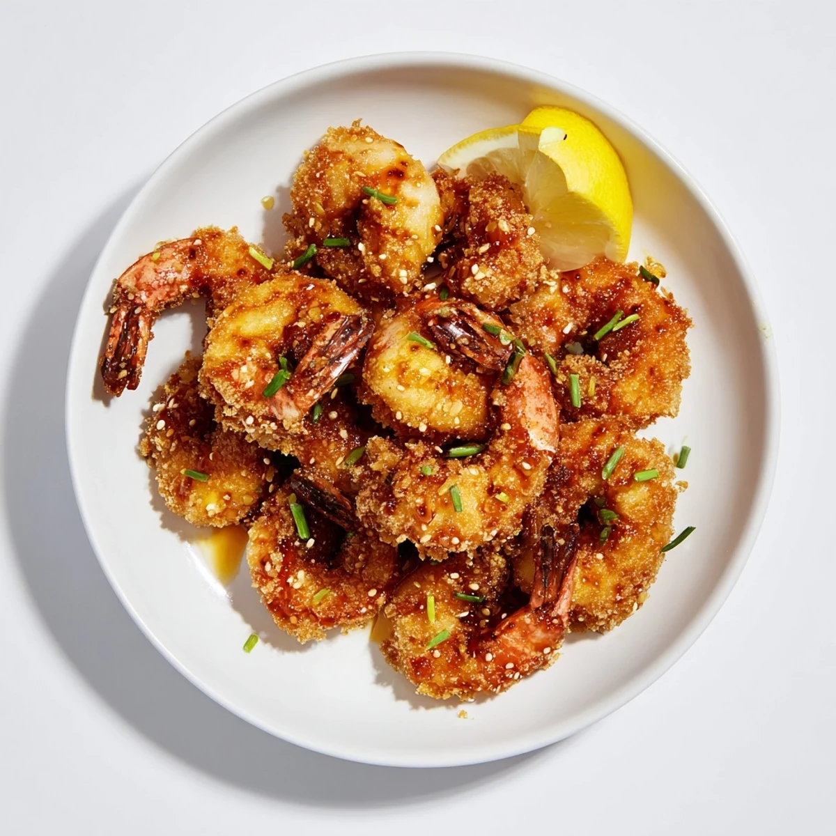 Crispy golden Hot Honey Fried Shrimp glistening in a sweet, spicy glaze with fresh chives.  