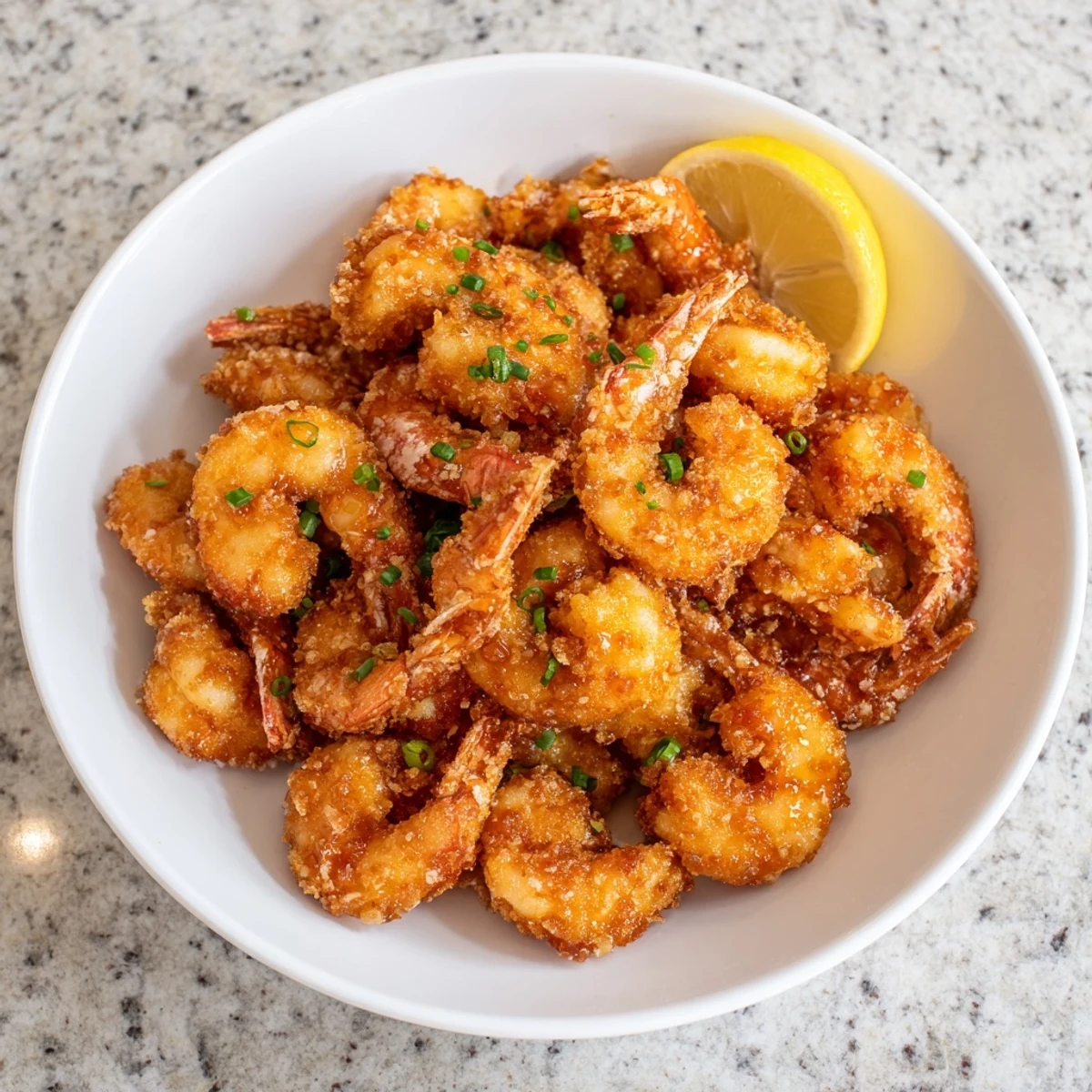 Golden Hot Honey Fried Shrimp served with lemon wedges on a rustic plate, perfect for a main dish.  