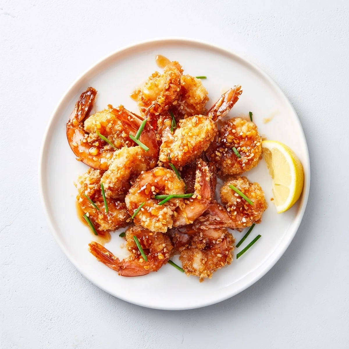 Platter of Hot Honey Fried Shrimp with a buttery hot honey drizzle, ideal as a shared appetizer.