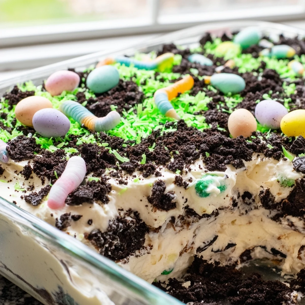 Creamy no-bake Easter dirt cake casserole topped with pastel candy eggs and green coconut grass decoration
