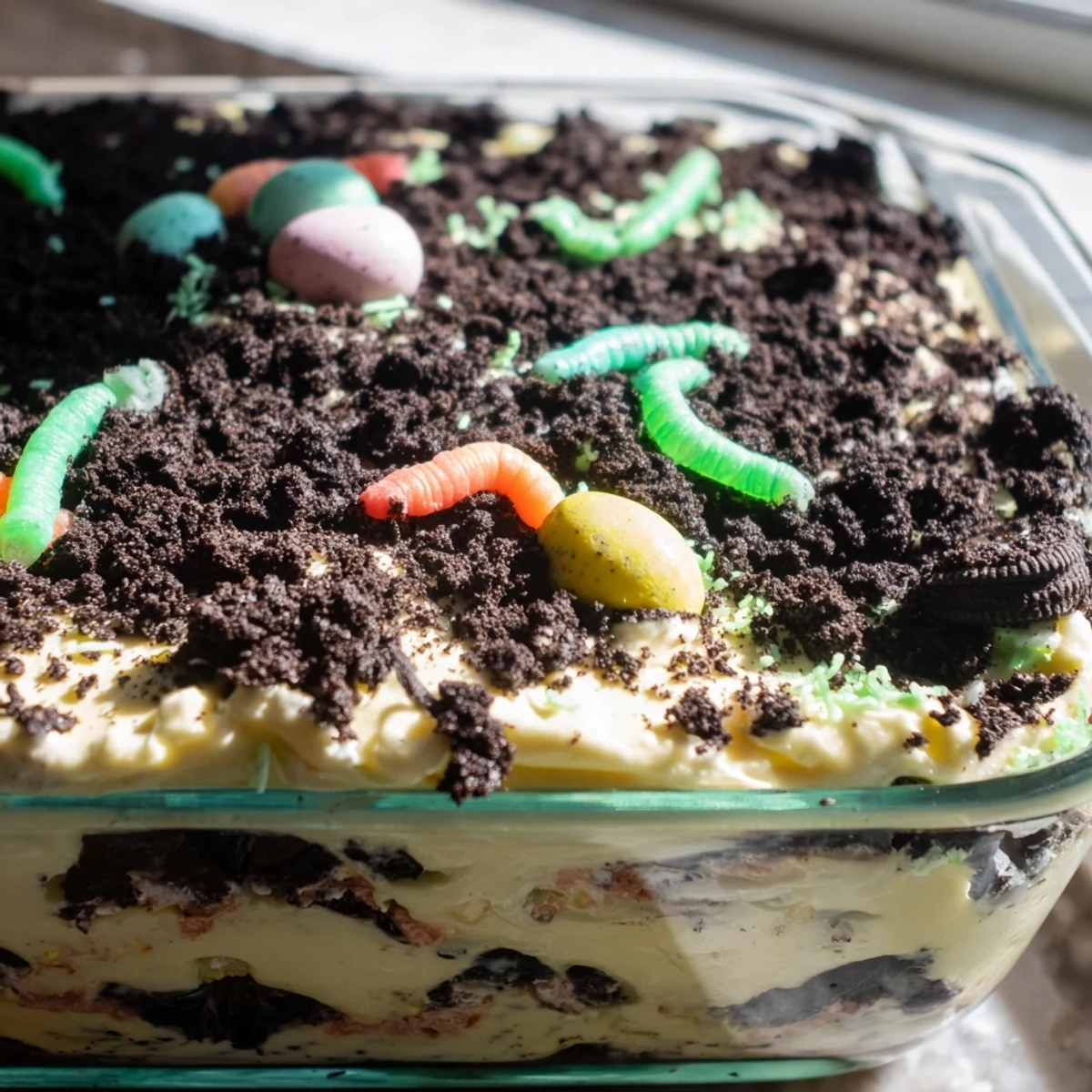 Easter dirt cake casserole displayed in a glass dish with gummy worms peeking through chocolate cookie crumb layers