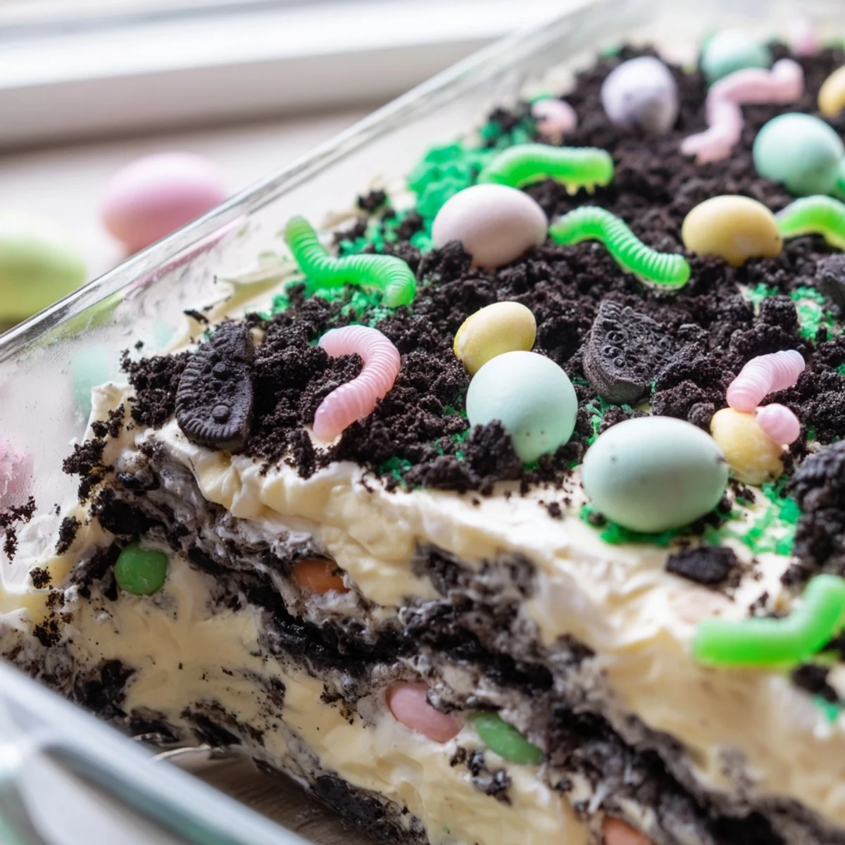 Spoonful of Easter dirt cake casserole showing layers of vanilla pudding and crushed Oreos with colorful gummy worms