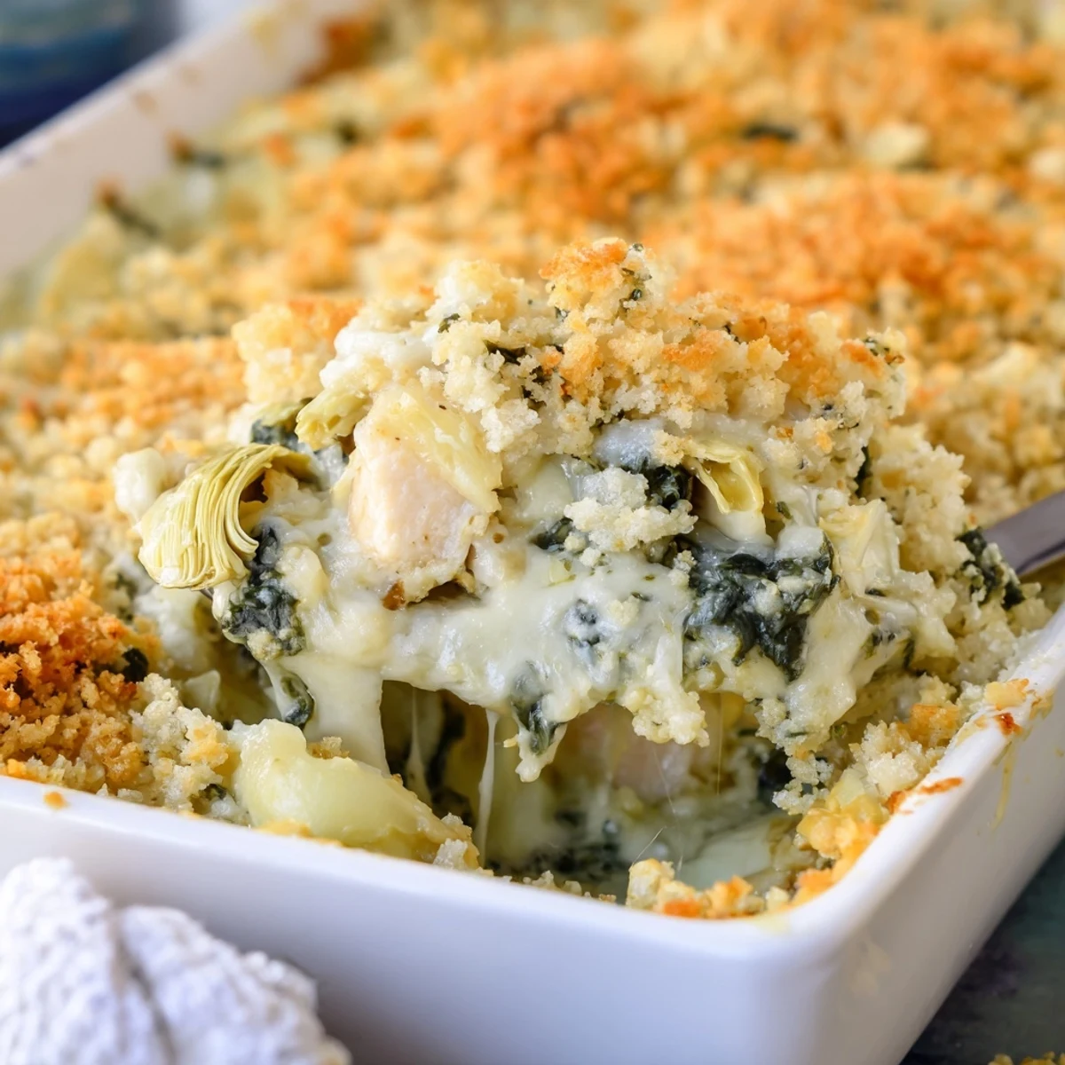 Golden brown high protein spinach and artichoke chicken casserole with bubbling cheese topping on a white ceramic plate