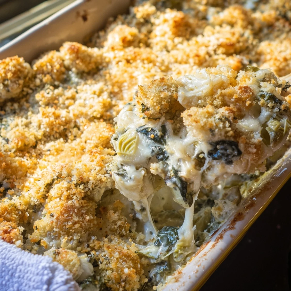 Creamy baked spinach and artichoke chicken casserole dish sprinkled with crispy panko breadcrumbs and fresh parsley garnish