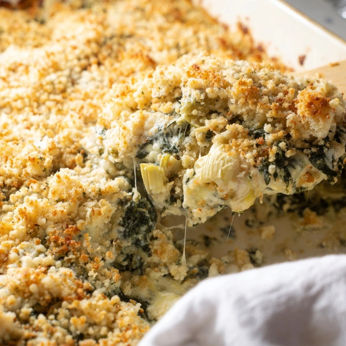 Spoon lifting cheesy high protein spinach and artichoke chicken casserole from a baking dish showing tender chicken pieces