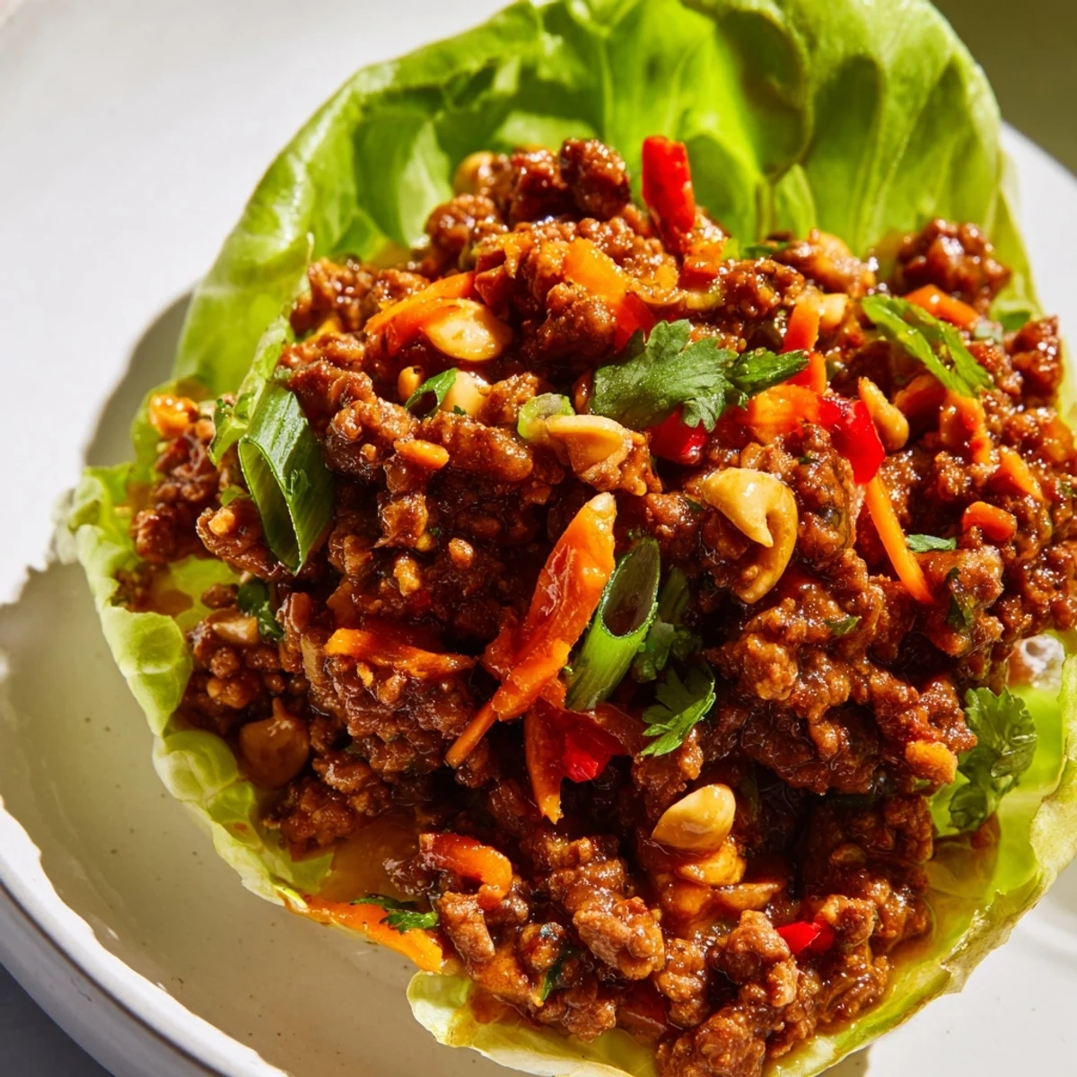 Golden brown seasoned ground beef with crunchy cashews spooned into crisp green lettuce cups, garnished with fresh coriander and spring onions.