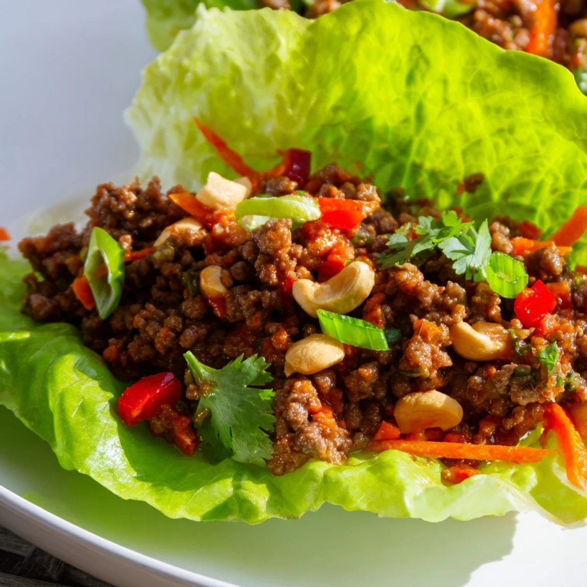 Colorful Asian-inspired beef and cashew lettuce cups featuring tender seasoned meat, diced vegetables, and roasted nuts atop refreshing butter lettuce leaves.