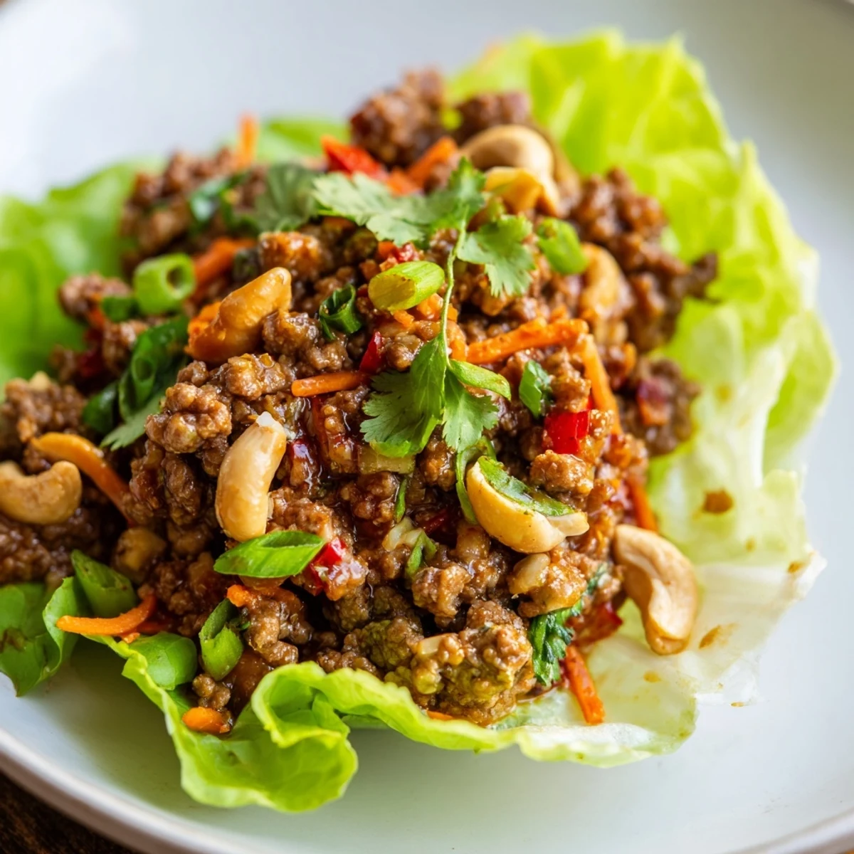 Savory beef mixture with chopped cashews, grated carrot, and red bell pepper served in individual crisp lettuce cups with lime wedges.
