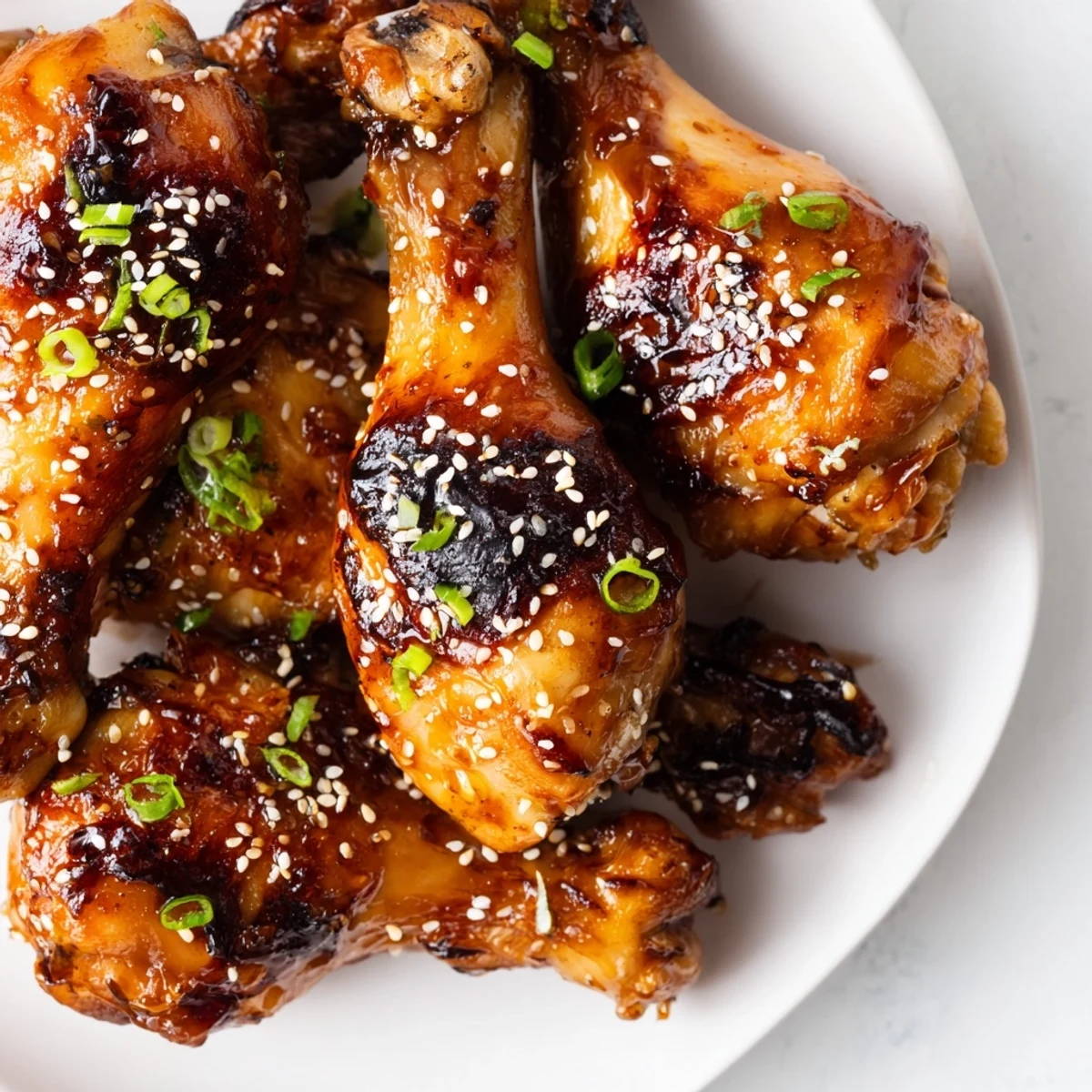 Golden honey garlic baked chicken drumsticks glazed with sticky caramelized sauce and garnished with sesame seeds