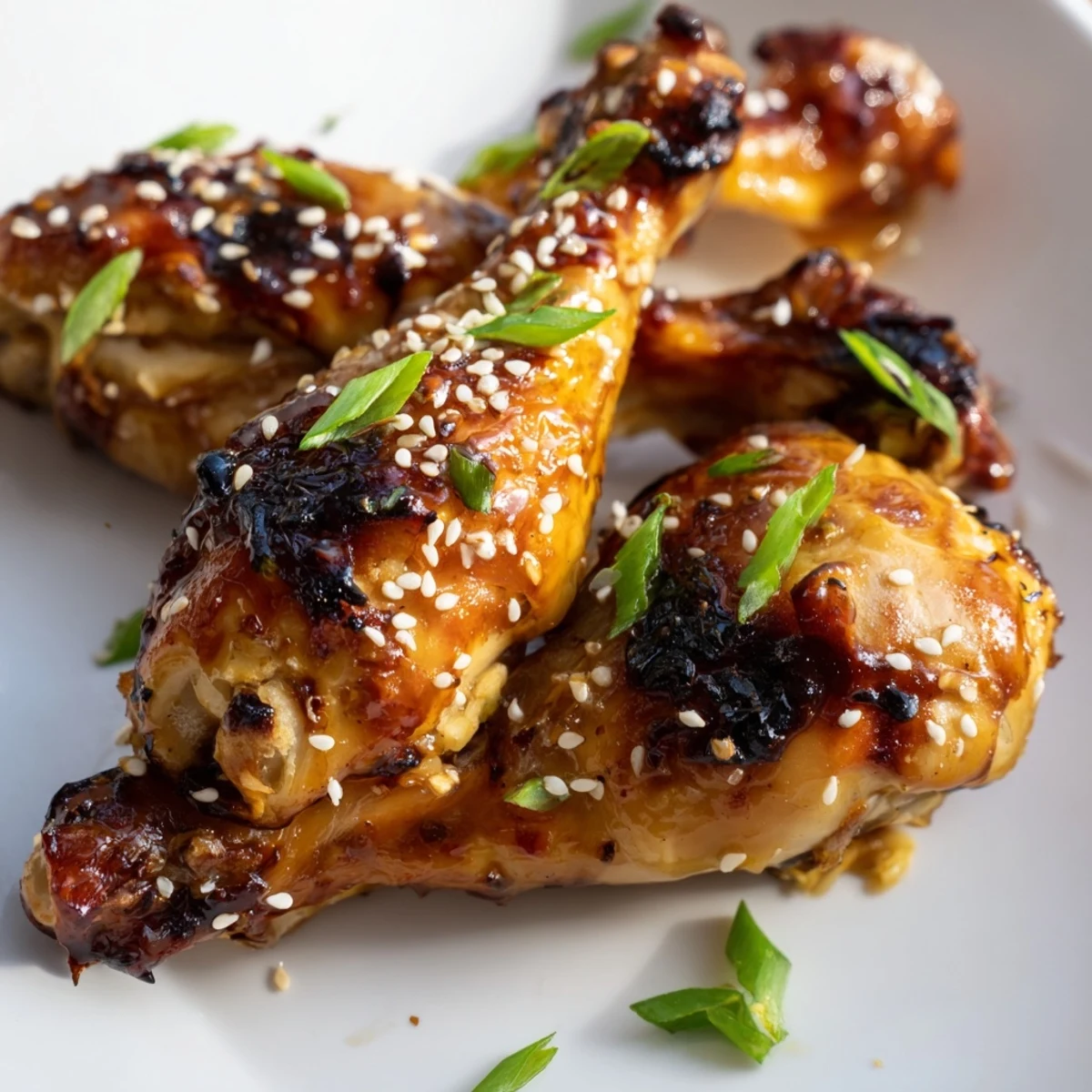 Succulent honey garlic chicken drumsticks fresh from the oven with glossy marinade and chopped green onion garnish