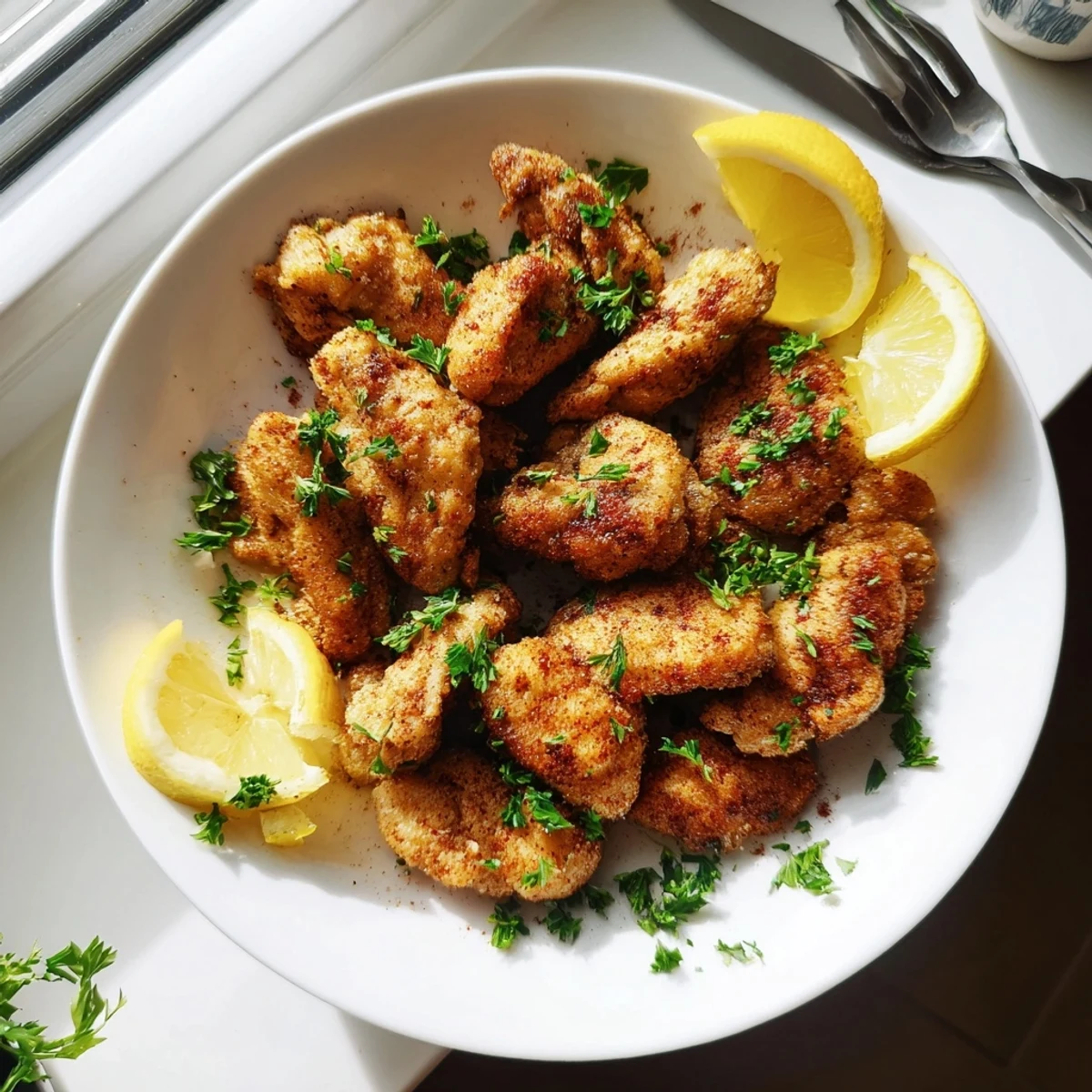 Golden air fryer lemon chicken bites arranged on a white serving plate with fresh parsley garnish