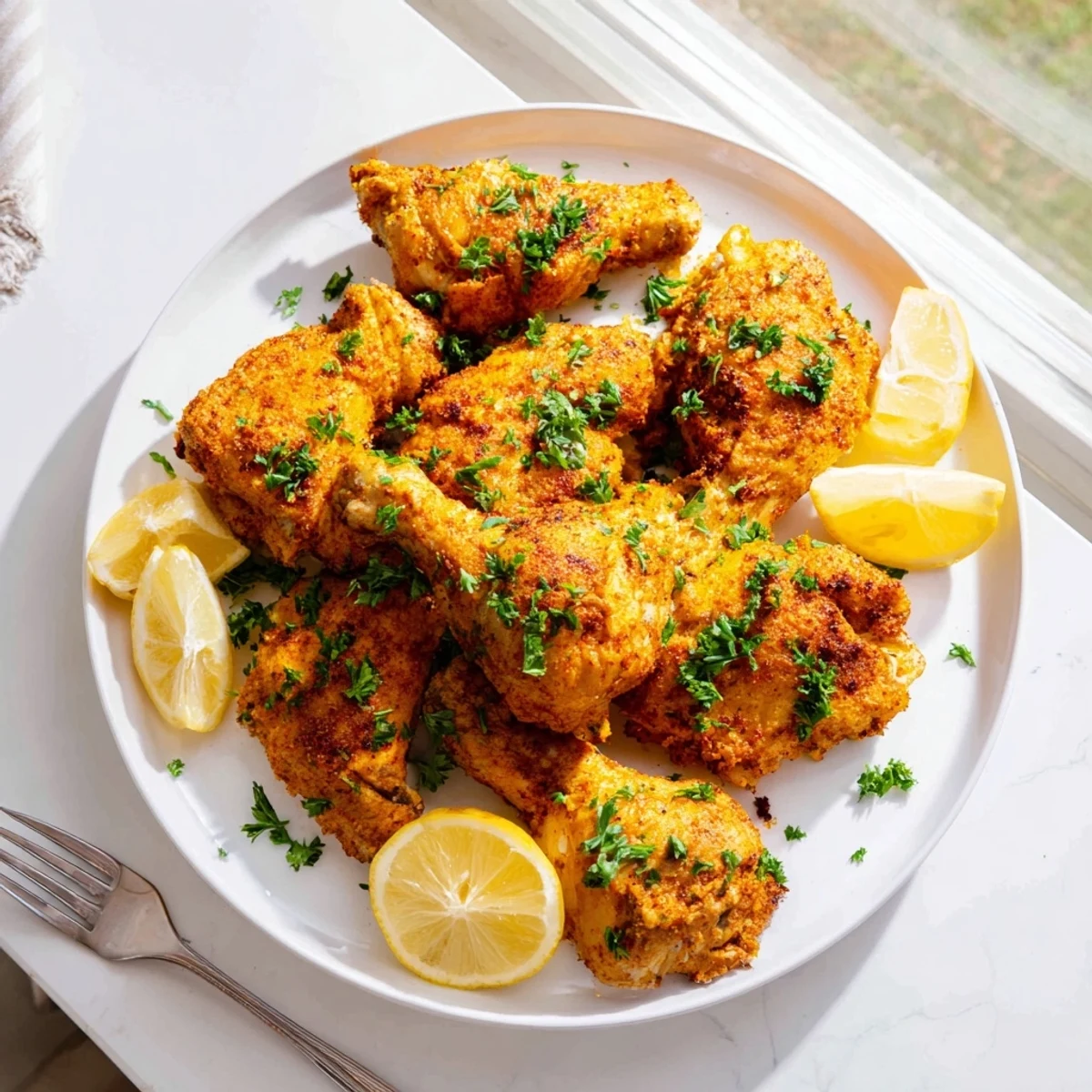 Crispy lemon herb chicken bites fresh from the air fryer basket with golden brown edges
