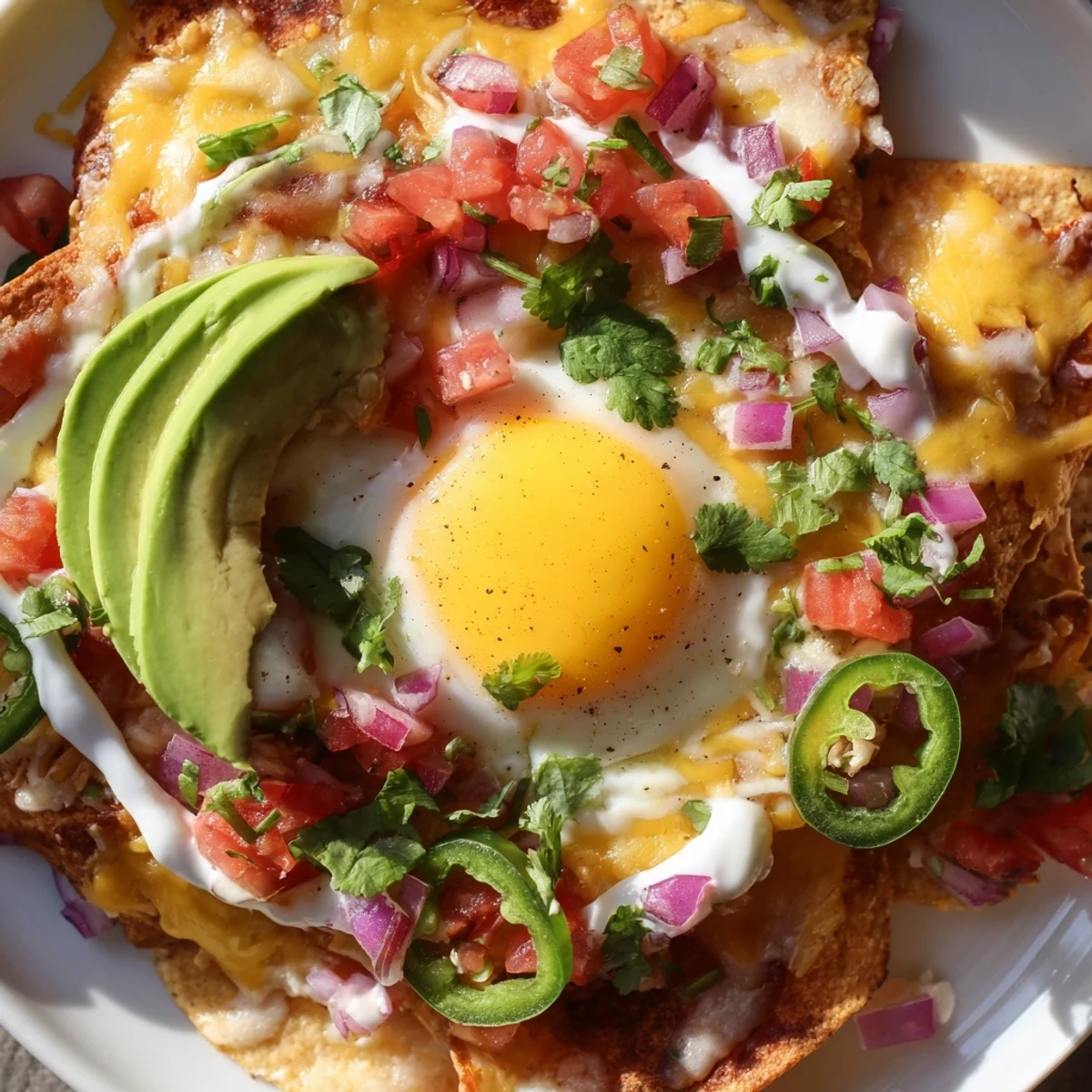 Colorful Mexican egg nachos topped with melted cheese, fresh avocado, salsa, and sunny-side up eggs on crispy tortilla chips
