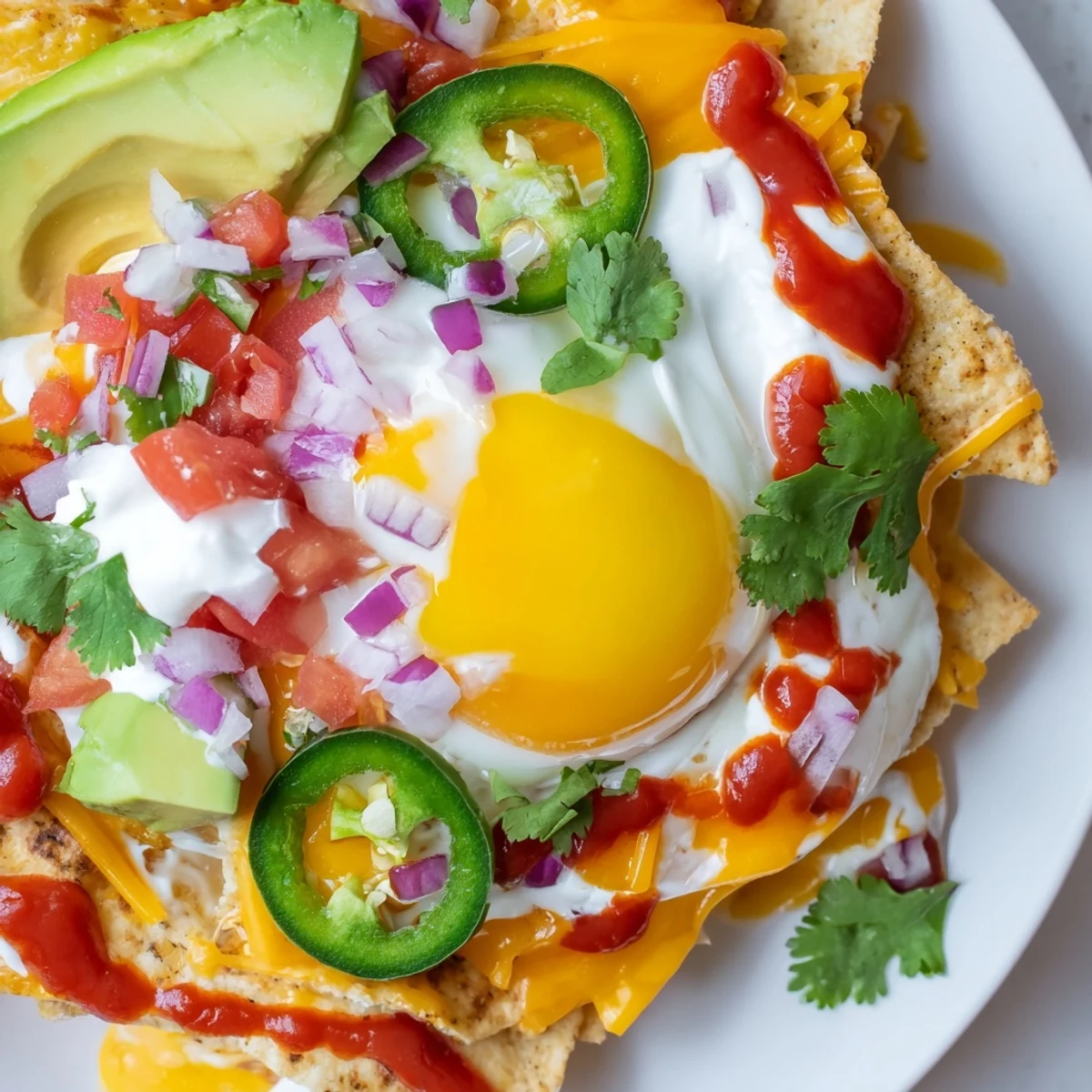 Golden fried eggs resting over cheesy Mexican egg nachos with diced tomatoes, jalapeños, cilantro, and creamy sour cream drizzle