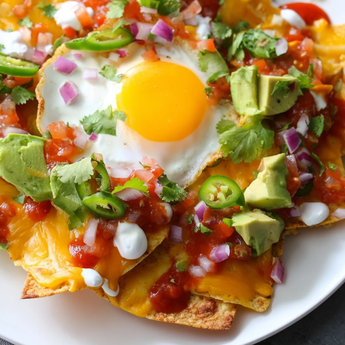 Hearty breakfast spread of Mexican egg nachos featuring runny yolks, shredded cheddar, vibrant vegetables, and zesty lime wedges