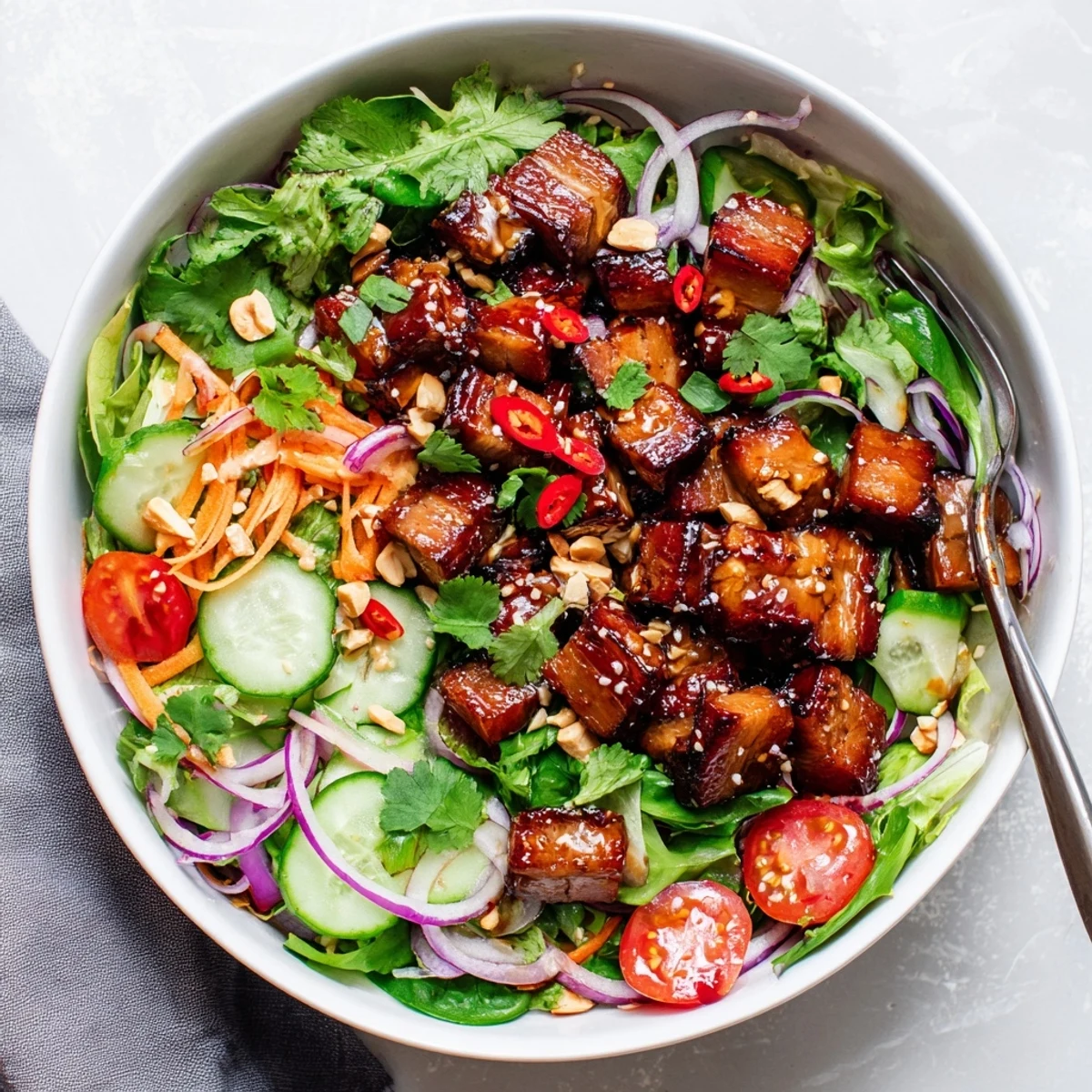 Crispy sweet and sour pork belly salad served with fresh vegetables and crushed peanuts