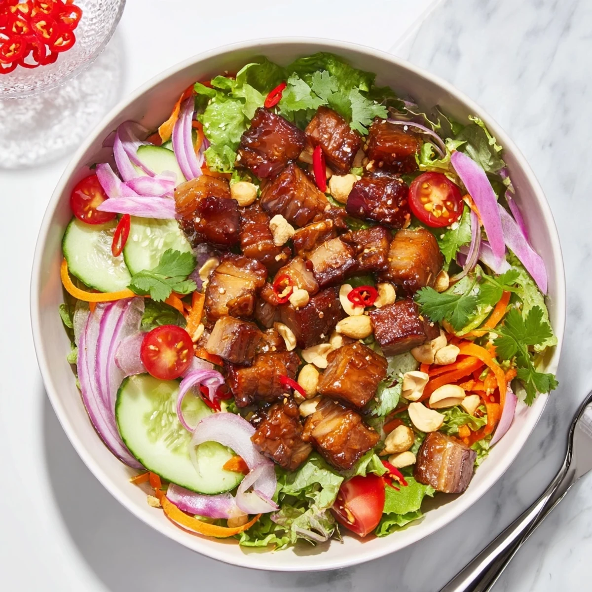 Vibrant salad bowl featuring crispy pork belly tossed in sweet and sour sauce with crisp vegetables