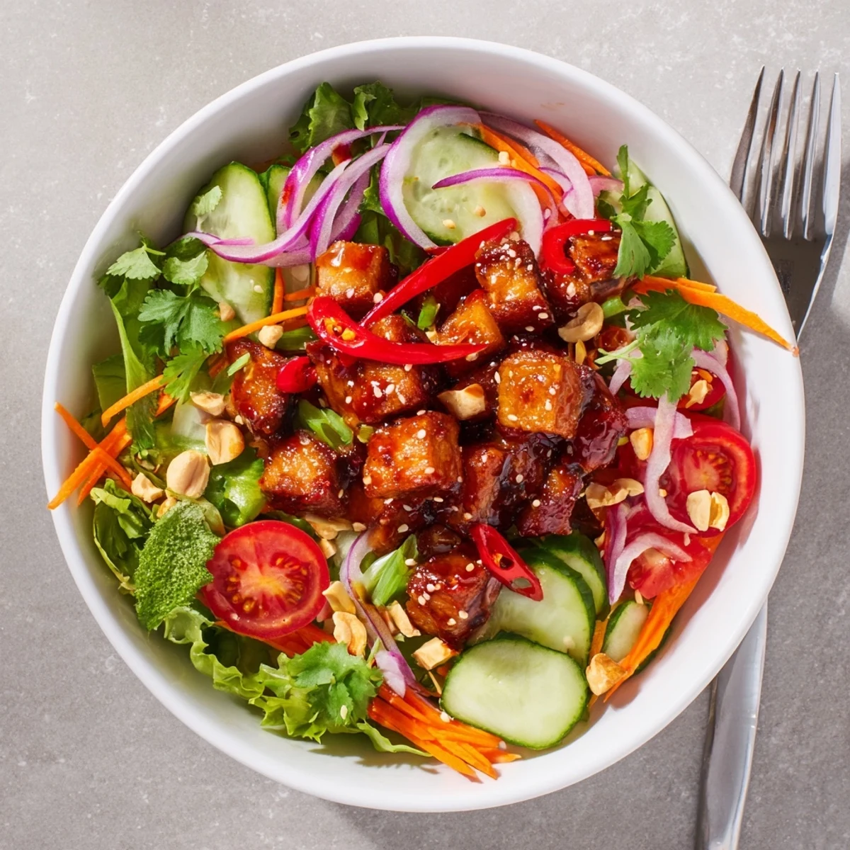 Golden pork belly pieces in tangy glaze arranged over colorful mixed salad greens and vegetables