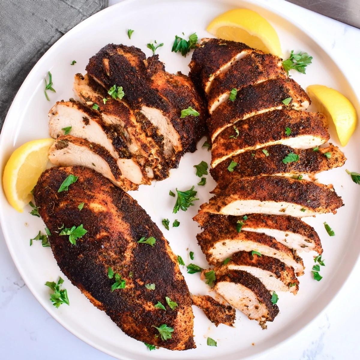 Golden brown blackened chicken breasts with a dark spicy crust resting on a white plate