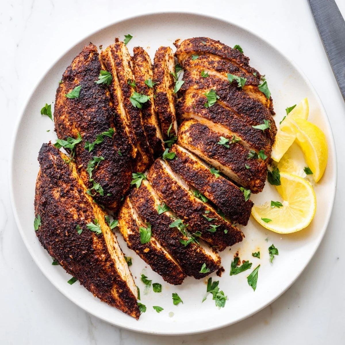 Sliced blackened chicken revealing juicy white meat topped with fresh parsley and lemon wedges